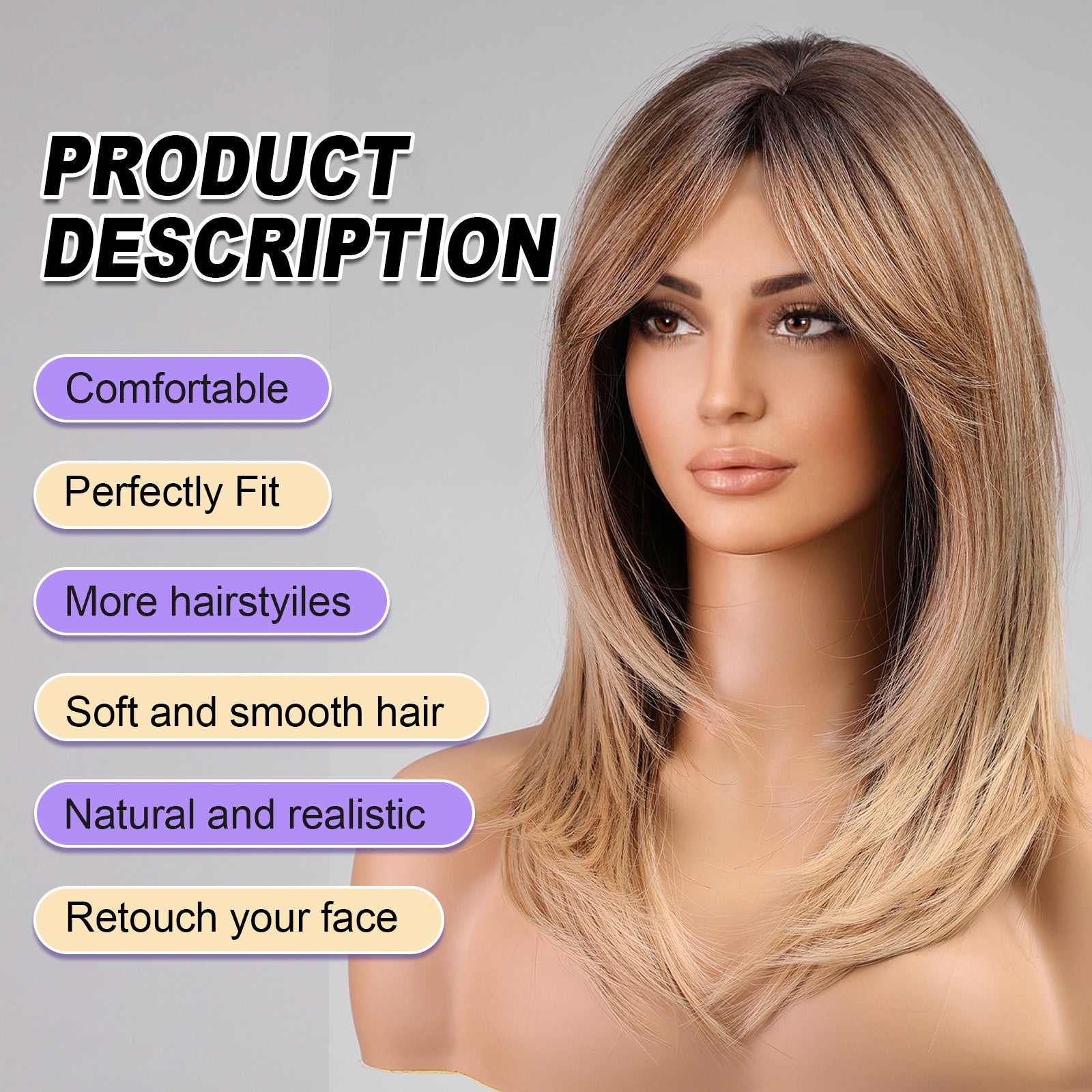 Brown Wigs for Women layered Straight Wig with Curtain Bangs Natural Synthetic Hair 18IN