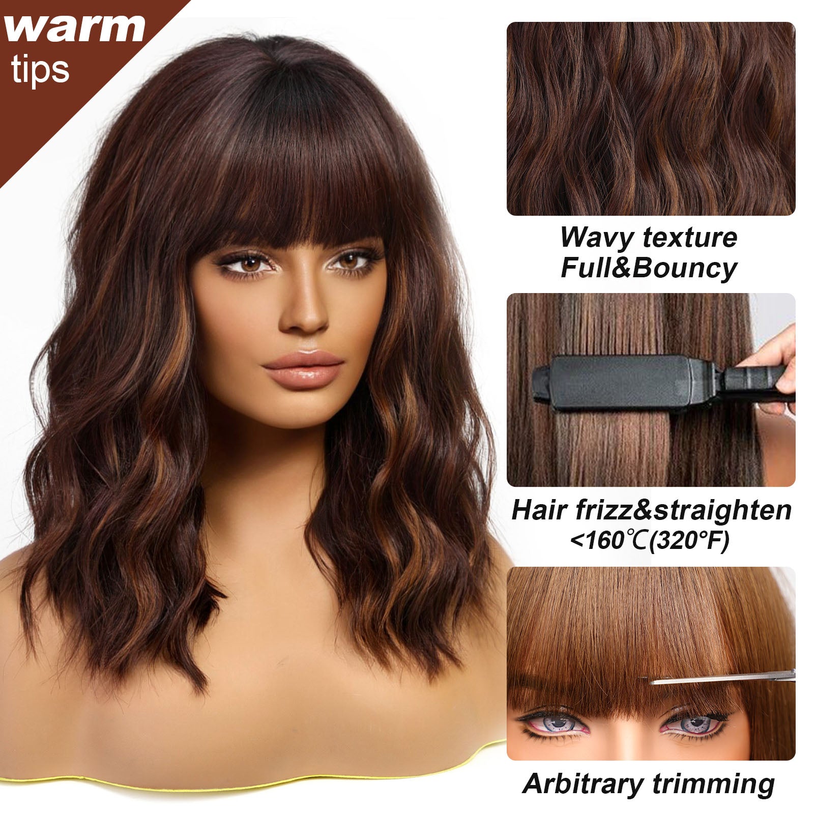 KOME Curly Bob Wig with Bangs Short Wavy Brown Highlight Wigs for Women Bob Style Synthetic Heat Resistant Bob Wigs 14IN