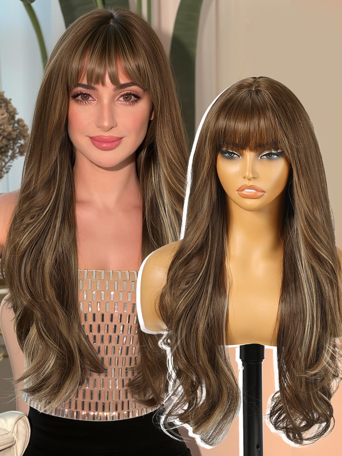 Brown Blonde Highlight Wigs with Bangs,Brown Layered Wig for Women,Long Wavy Wigs Synthetic Hair Wig for Party Daily Use 26IN