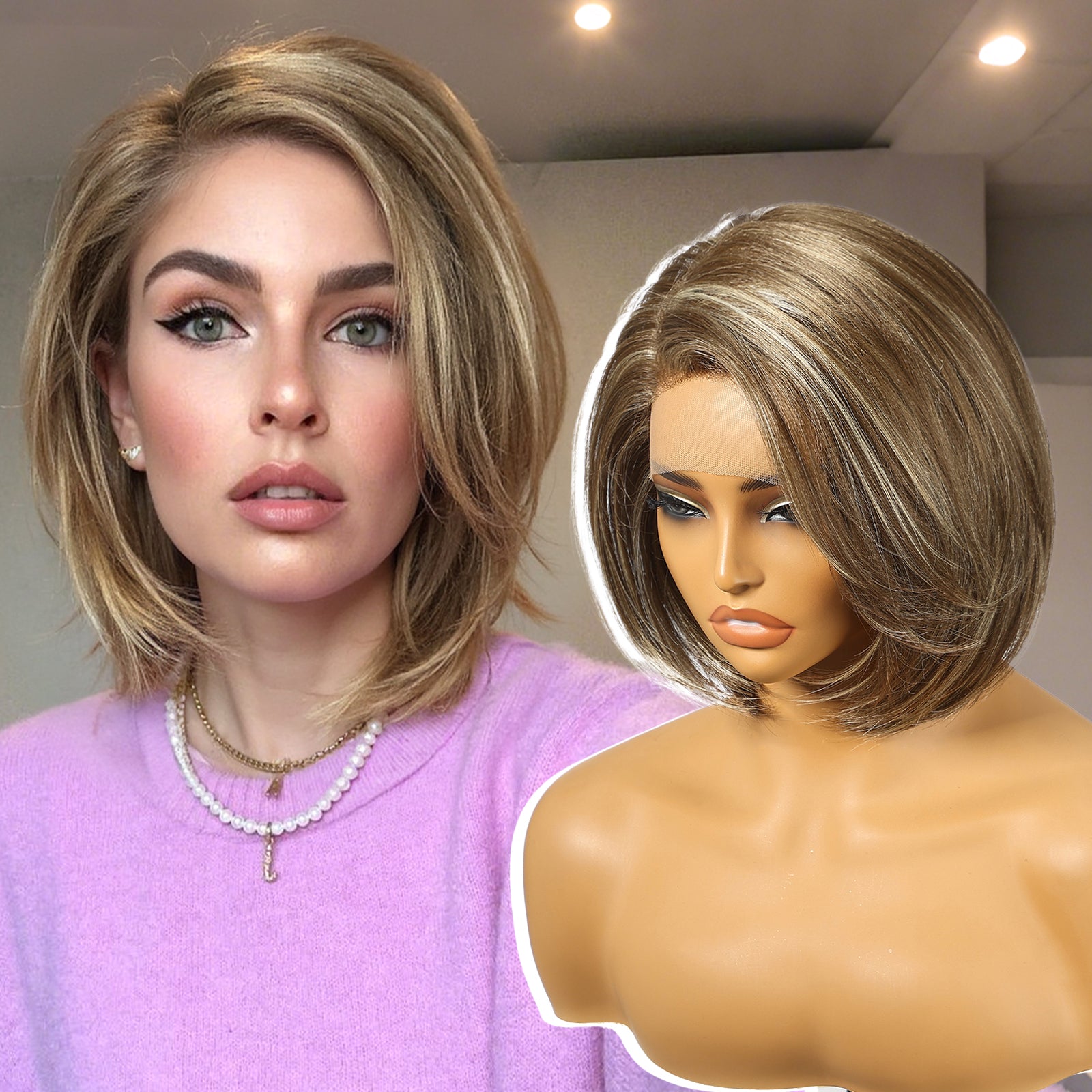 KOME Brown mix Blonde Synthetic Lace Front Wig,Side Part Short Layered Straight Glueless Bob Wig for White Women Daily Use 10IN (#F8/27/88)