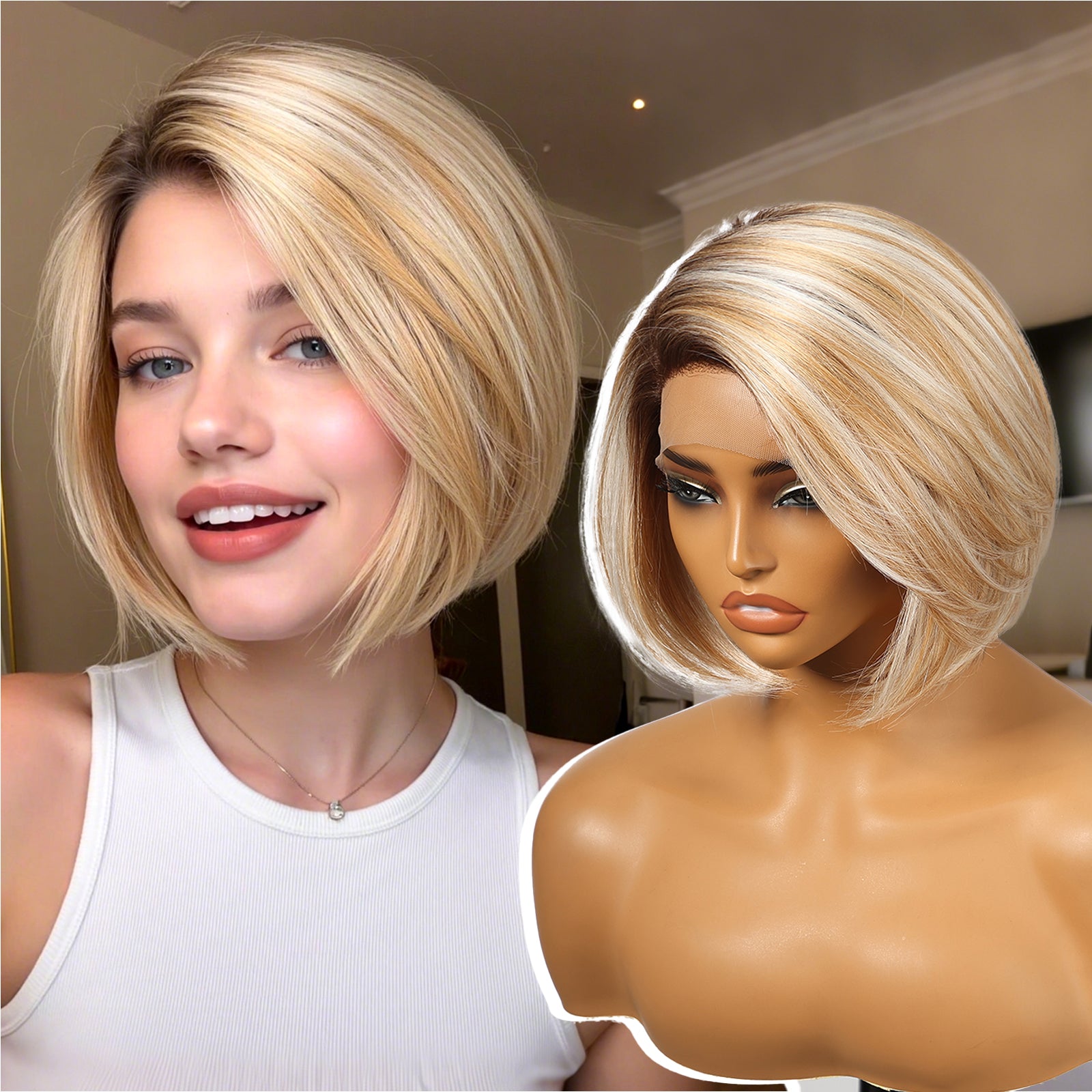 KOME Blonde Synthetic Lace Front Wig,Side Part Short Straight Glueless Bob Wig for White Women Daily Use 10IN (#TT8/106HL)