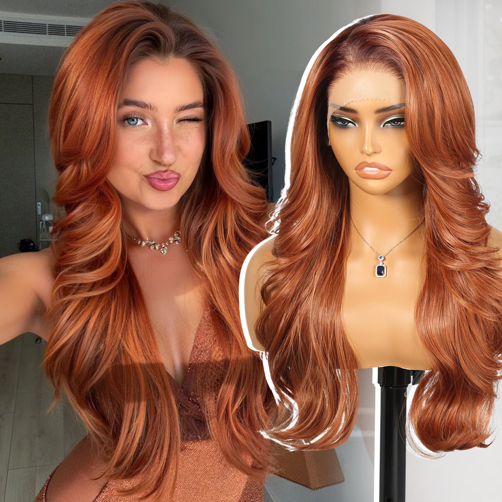 Auburn Synthetic Lace Front Wig,13x4 HD Lace Layered Ginger Glueless Wigs for Women Daily Use 26IN