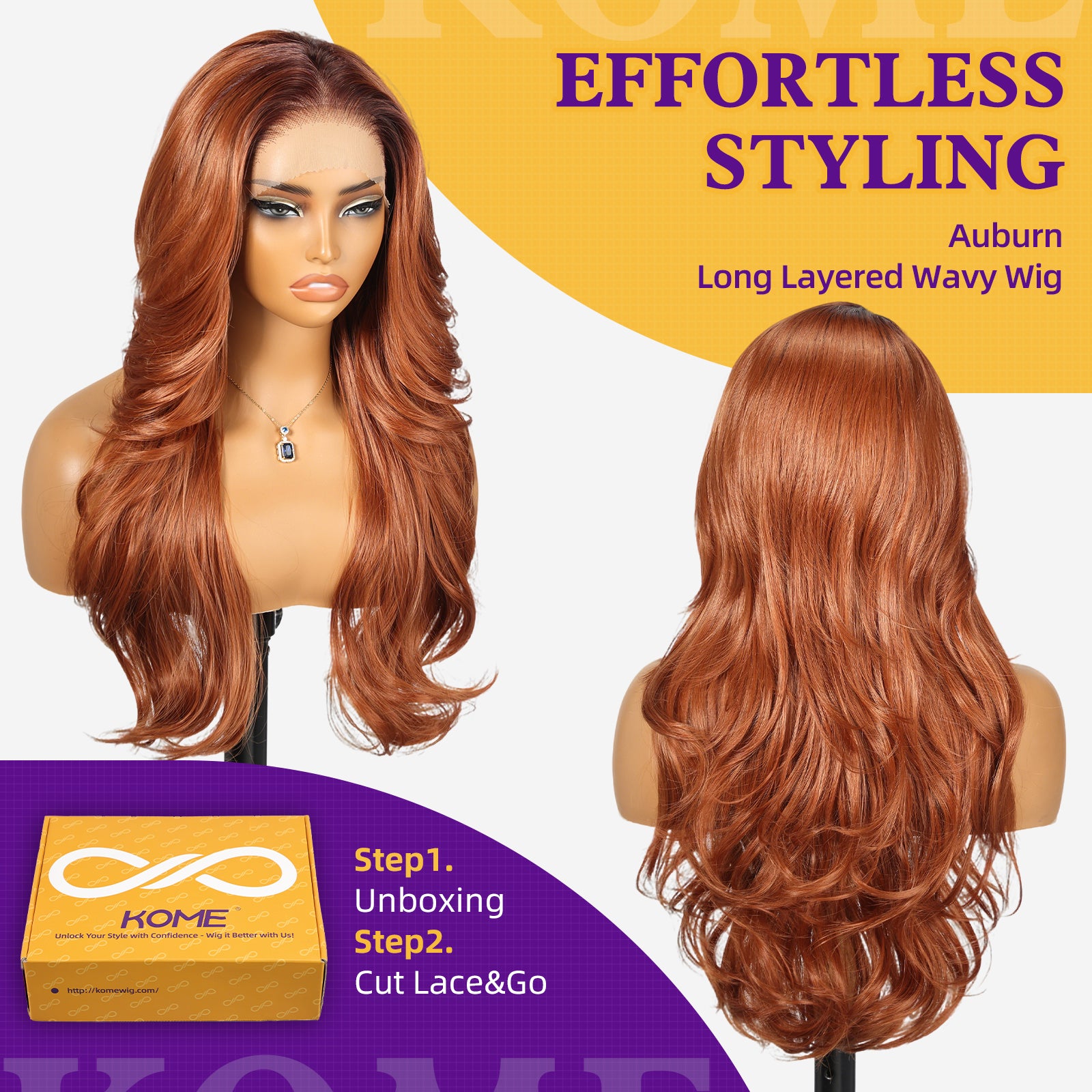 Auburn Synthetic Lace Front Wig,13x4 HD Lace Layered Ginger Glueless Wigs for Women Daily Use 26IN