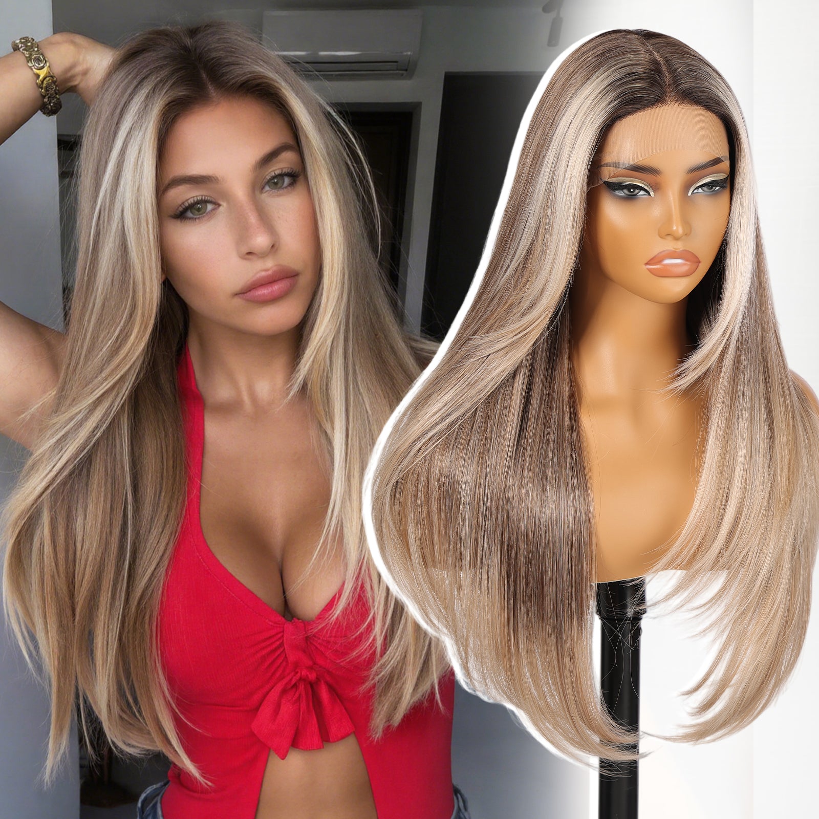KOME Ash Blonde Synthetic Lace Front Wig,T Part Pre Cut Glueless Long Straight Layered Wigs for Women Cosplay Daily Use 26IN(#TT4/6164)