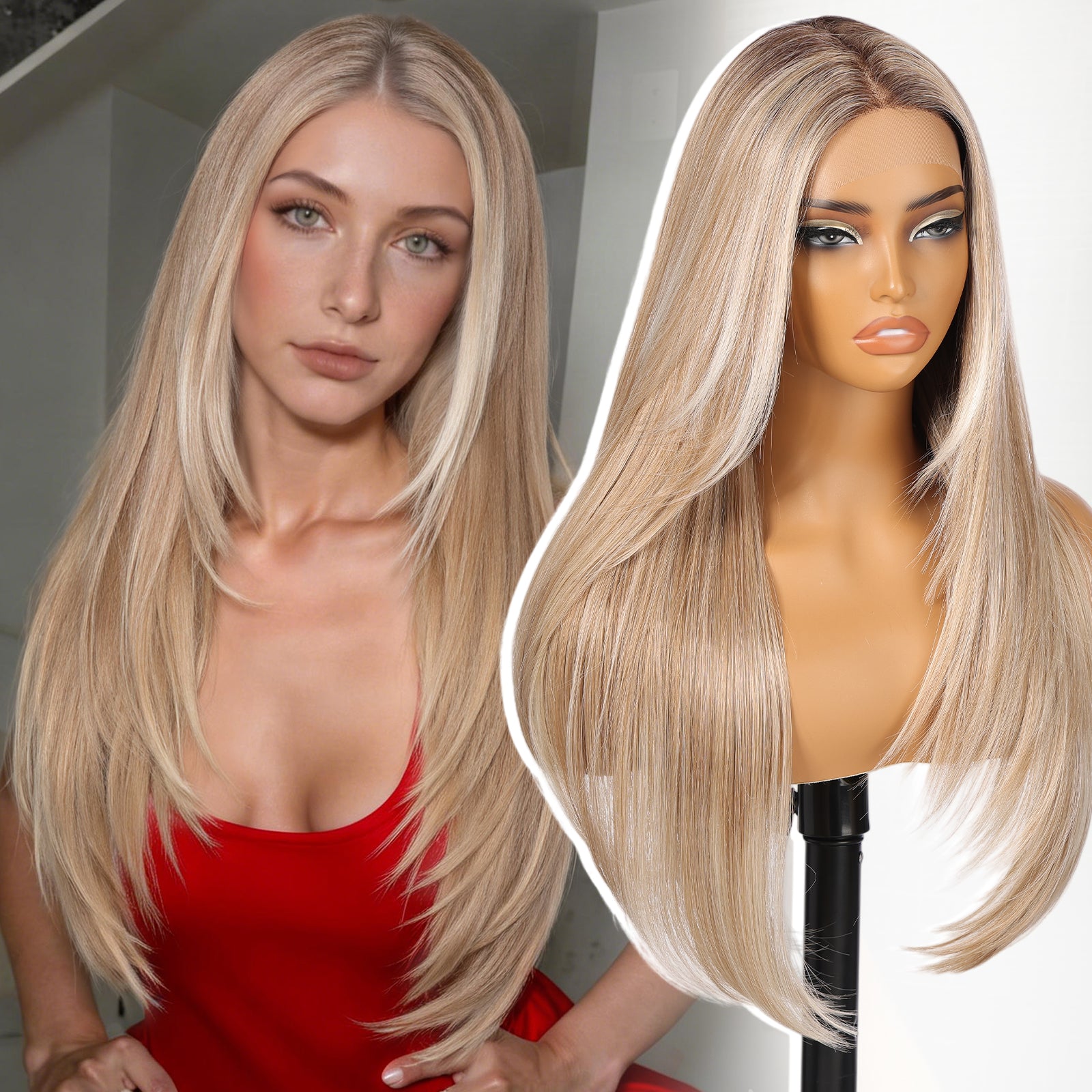 KOME Dirty Blonde Synthetic Lace Front Wig,T Part Pre Cut Glueless Long Straight Layered Wigs for Women Cosplay Daily Use 26IN(#TT6/1603)