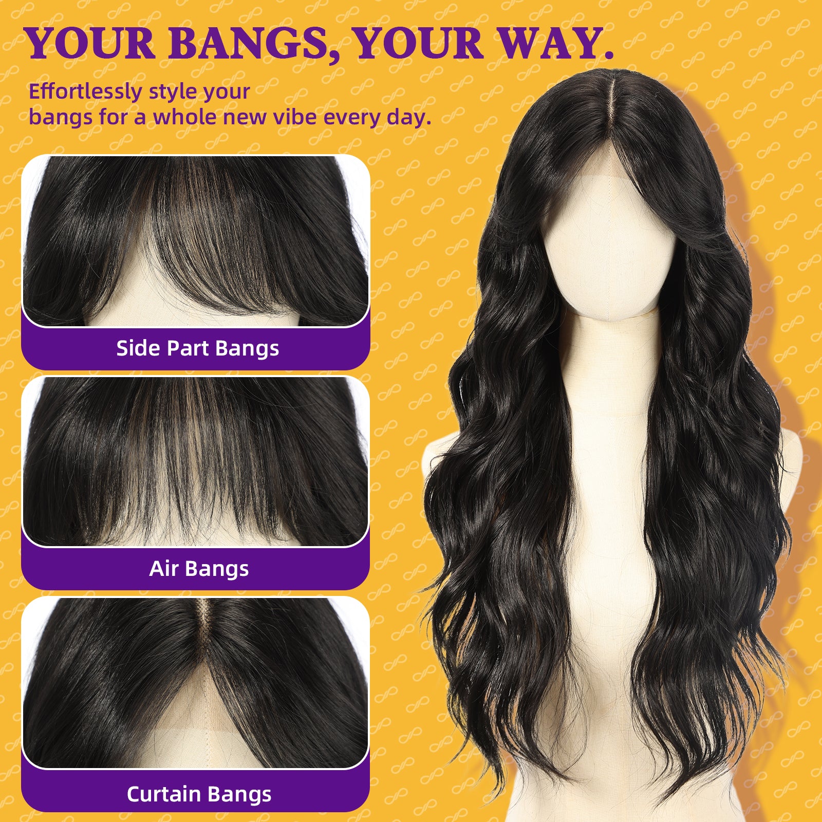 KOME Black Synthetic Lace Front Wig,T Part Glueless Long Body Wavy Wigs With Bangs for Women Cosplay Daily Use 28IN(#1B)