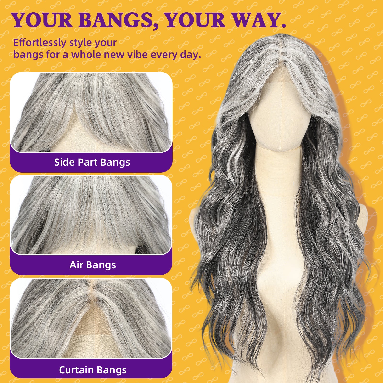 KOME Grey Synthetic Lace Front Wig,T Part Glueless Long Body Wavy Wigs With Bangs for Women Cosplay Daily Use 28IN(#2/606HL)