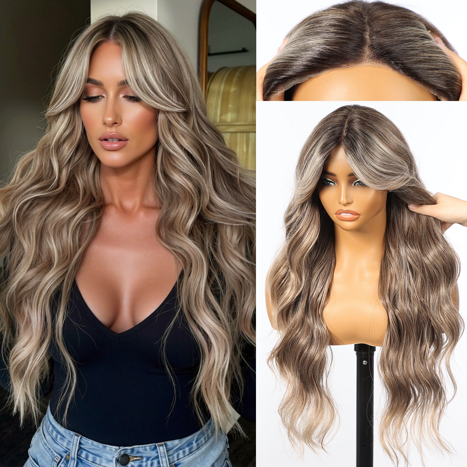 KOME Brown Mixed Synthetic Lace Front Wig,T Part Glueless Long Body Wavy Wigs With Bangs for Women Cosplay Daily Use 28IN(#TT4/6164)