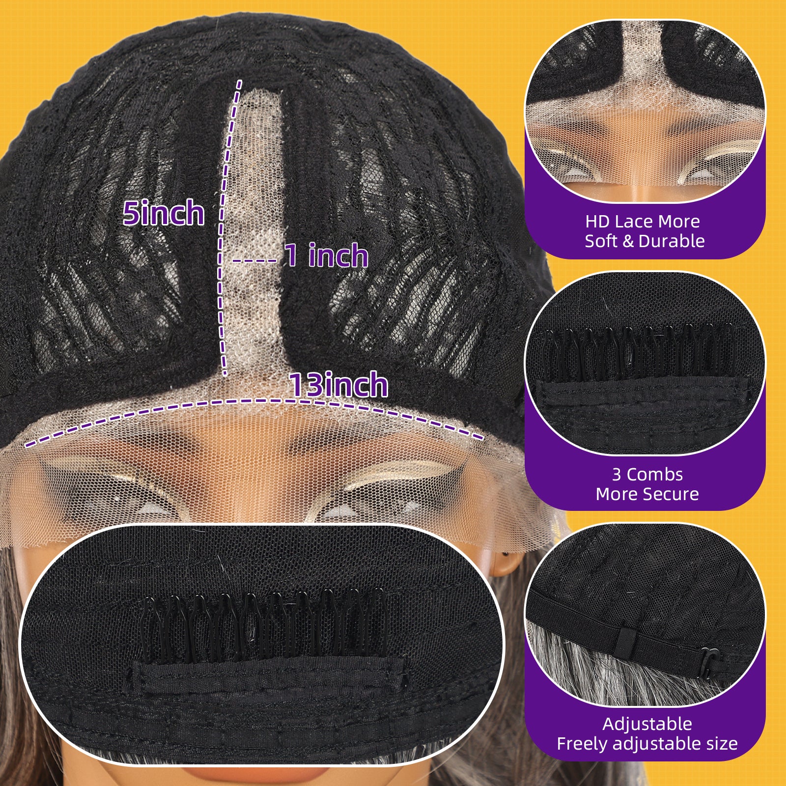 KOME Grey Synthetic Lace Front Wig, T Part Glueless Layered Wavy Wigs With Bangs, Heat Resistant Wigs For Women Daily Party Use 26IN