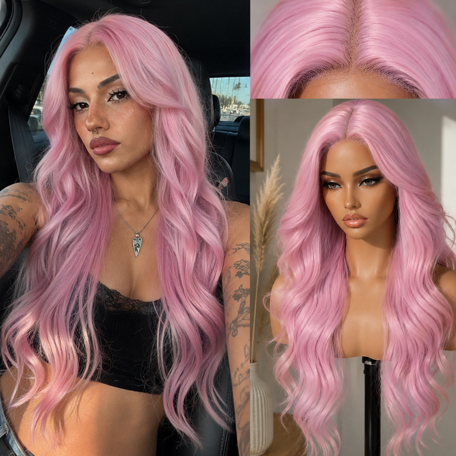 KOME Dirty Pink Synthetic Lace Front Wig,T Part Glueless Long Body Wavy Wigs With Bangs for Women Cosplay Daily Use 28IN