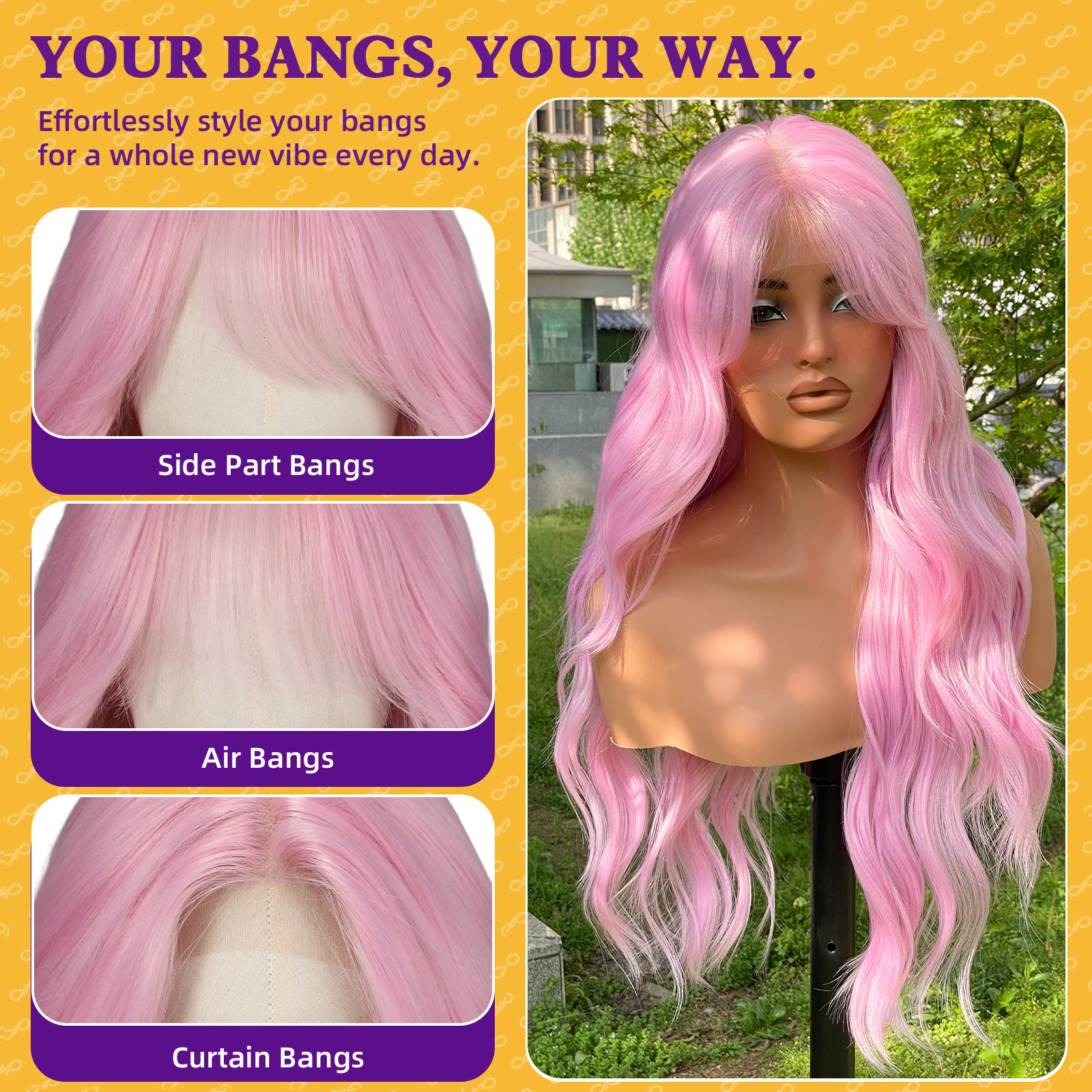 KOME Dirty Pink Synthetic Lace Front Wig,T Part Glueless Long Body Wavy Wigs With Bangs for Women Cosplay Daily Use 28IN