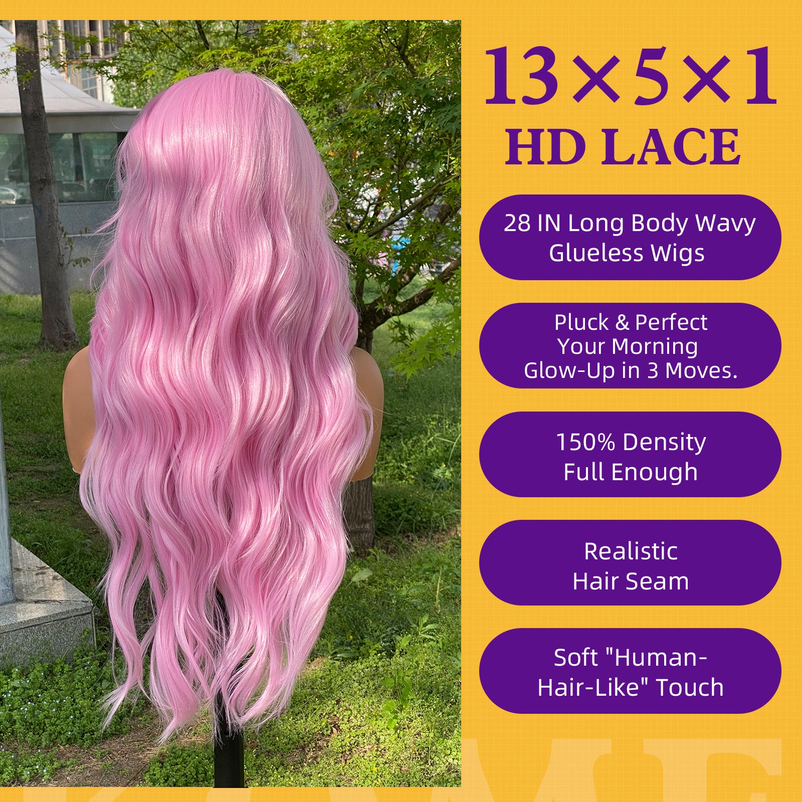 KOME Dirty Pink Synthetic Lace Front Wig,T Part Glueless Long Body Wavy Wigs With Bangs for Women Cosplay Daily Use 28IN