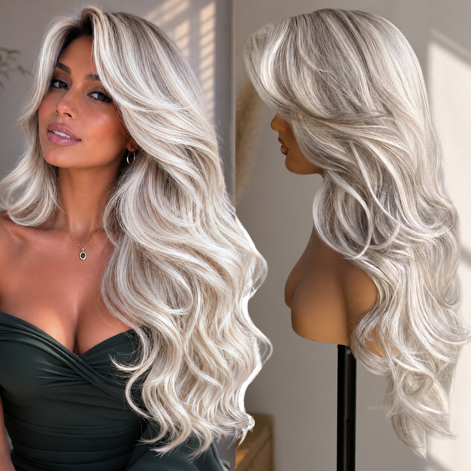 KOME Platinum Blonde Highlight Synthetic Lace Front Wig,13x4 HD Lace Light Grey Glueless Layered Bouncy Blowouts Wigs for Women Daily Use 26IN（#TT6/4603）