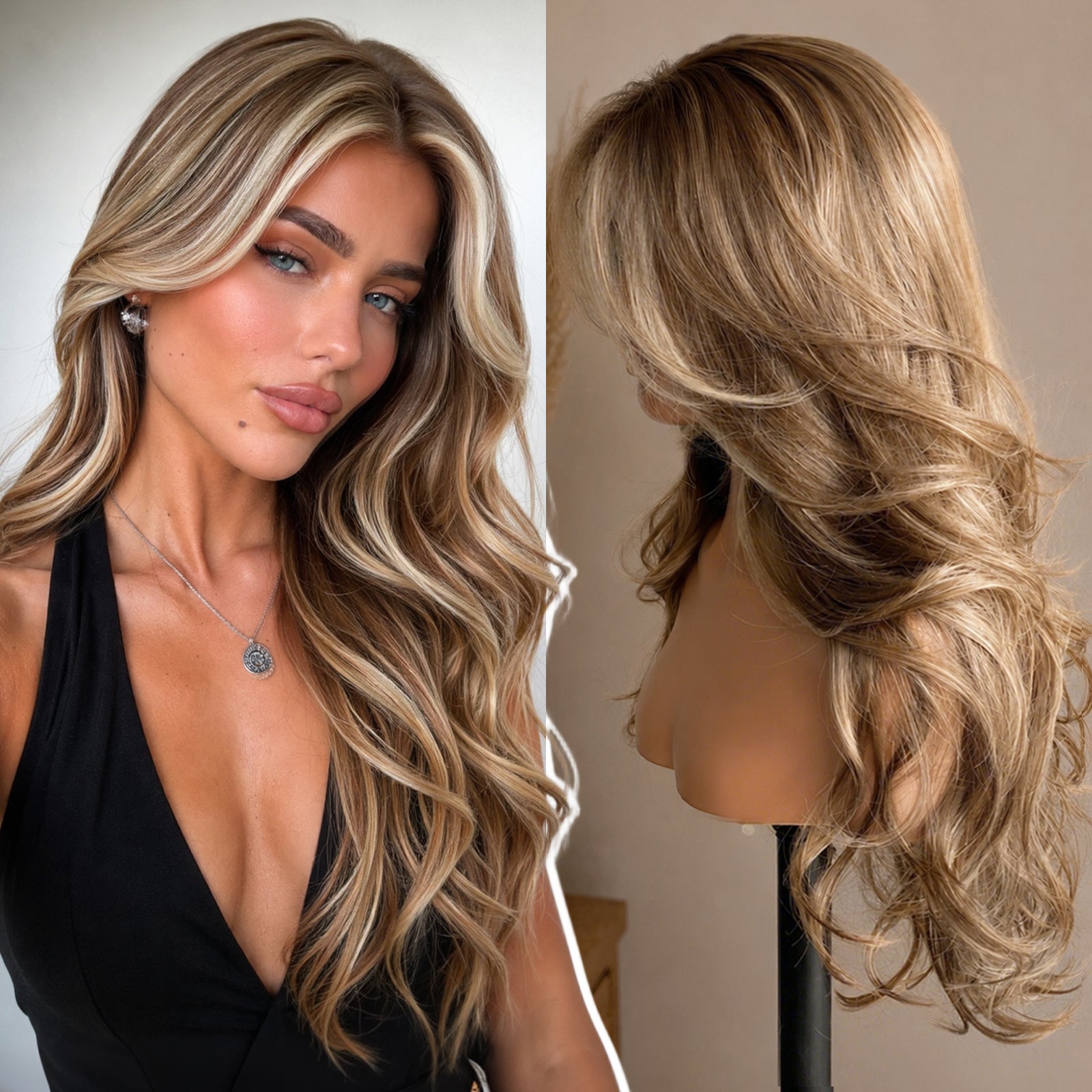 KOME Balayage Brown Highlight Synthetic Lace Front Wig,13x4 HD Lace Glueless Layered Brown Bouncy Blowouts Old Money Styler Wigs for Women Daily Use 26IN（#TT6/166）