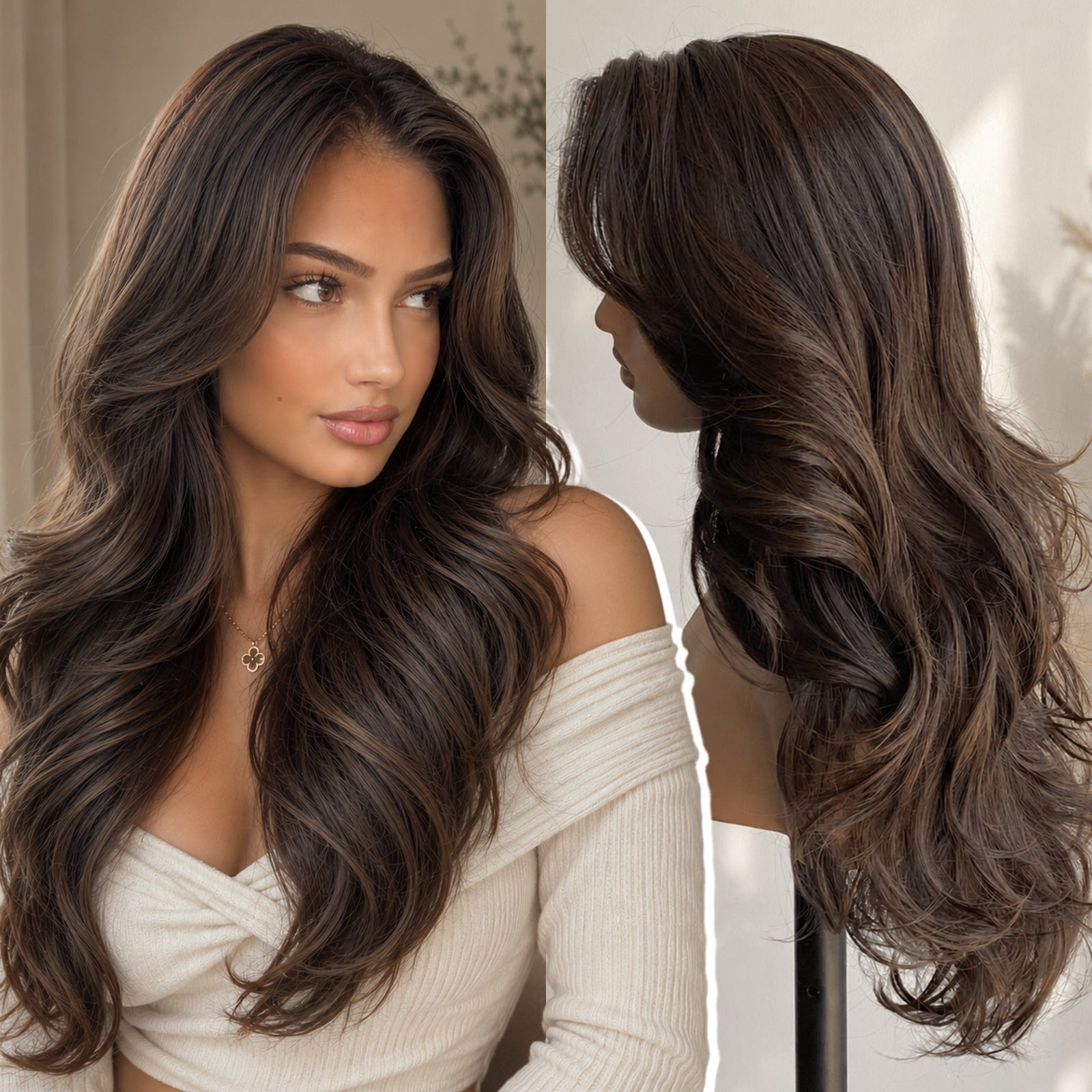 KOME Dark Brown Synthetic Lace Front Wig,13x4 HD Lace Glueless Layered Natural Brown Bouncy Blowouts Wigs for Women Daily Use 26IN(#FS4/30)