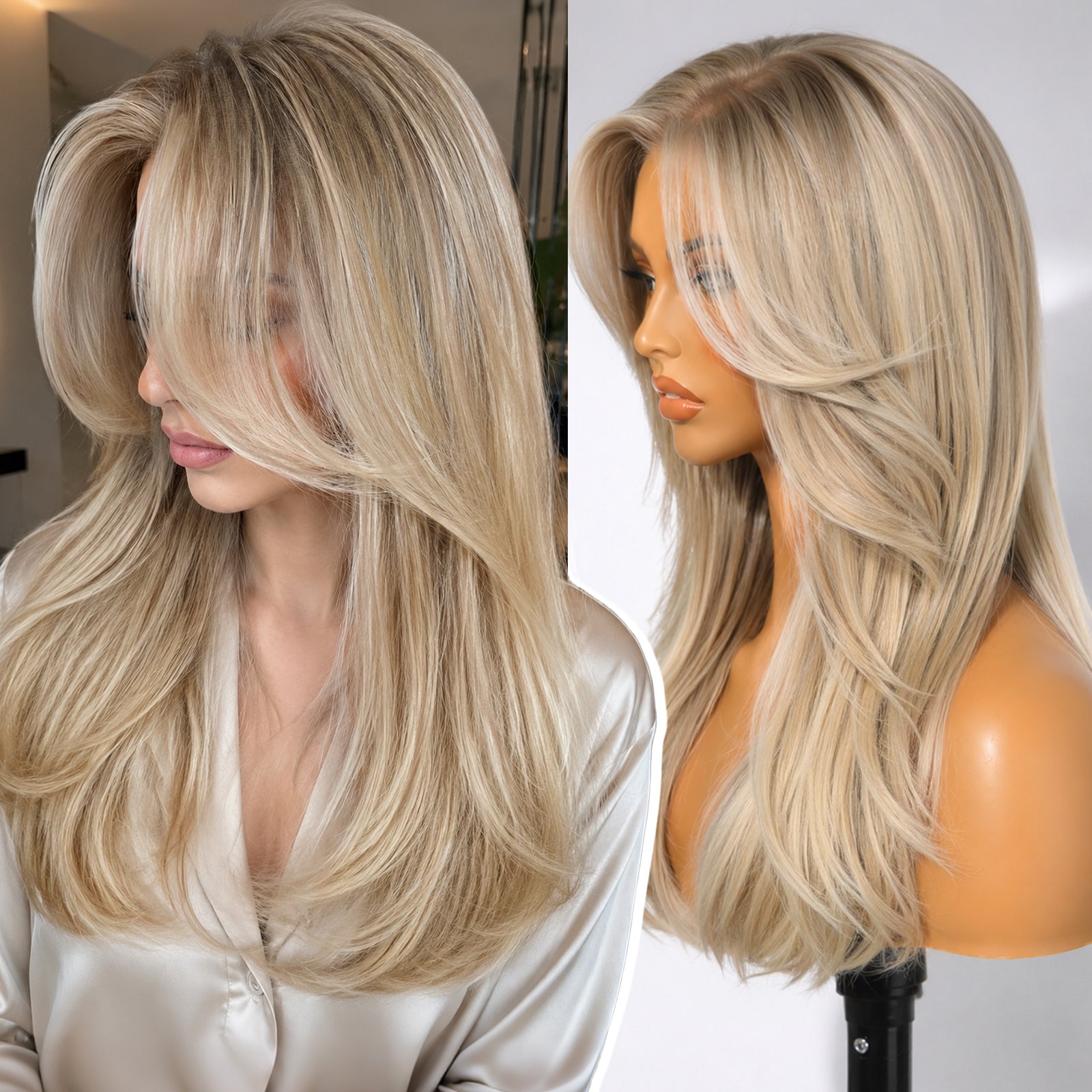 KOME Ash Blonde Synthetic Lace Front Wig, 13X4 HD Lace Glueless Long Layered Straight Wigs for Women Daily Use 20IN （#TT9/603TA ）