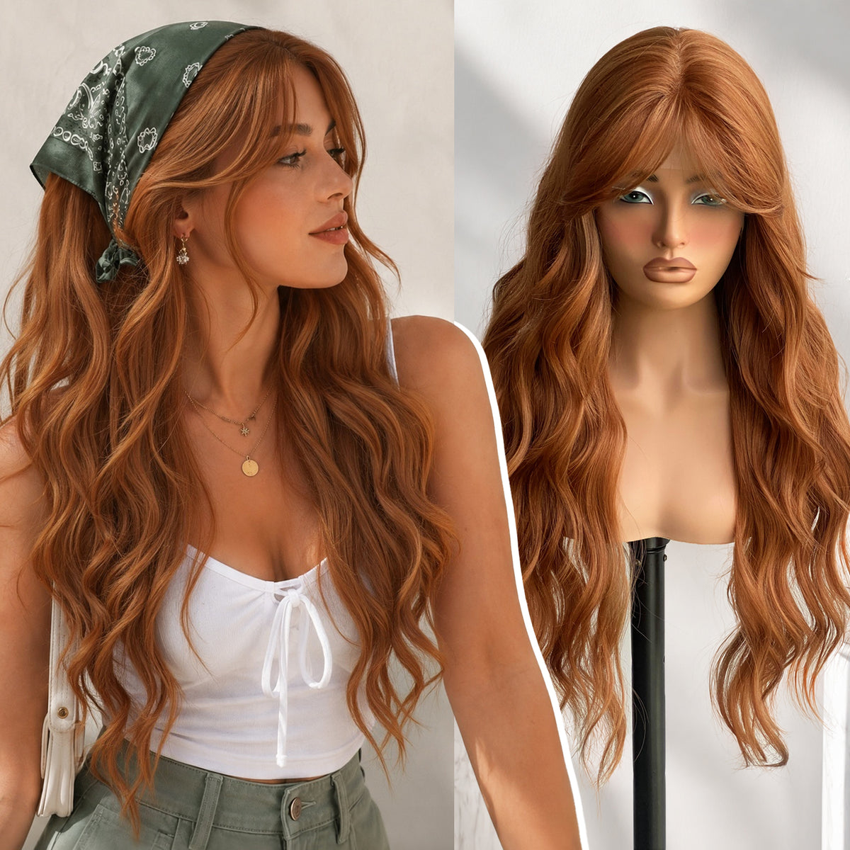 KOME Reddish Brown Synthetic Lace Front Wig,T Part Glueless Long Body Wavy Wigs With Bangs for Women Cosplay Daily Use 28IN