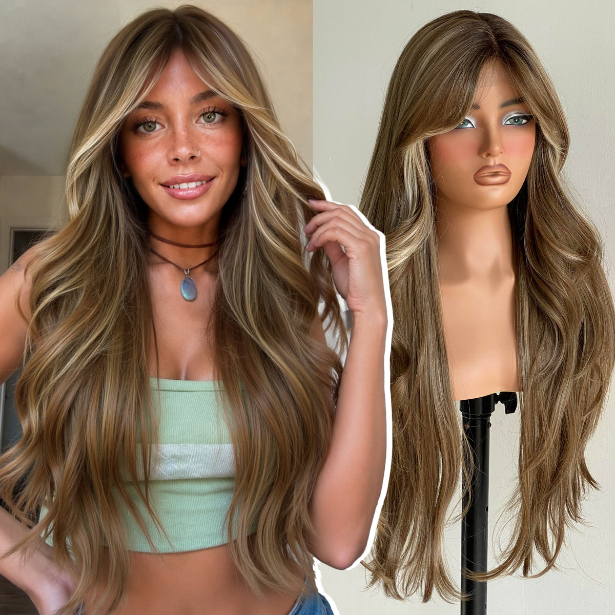 KOME Ash Brown Highlight Synthetic Lace Front Wig,T Part Glueless Layered Wavy Wigs With Bangs, Heat Resistant Wigs For Women Daily Party Use 26IN