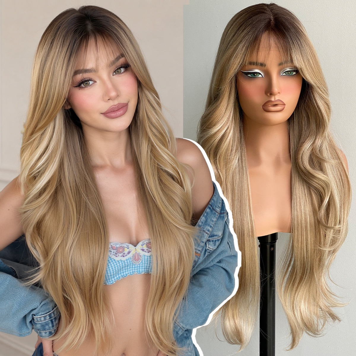 KOME Dirty Blonde Synthetic Lace Front Wig,T Part Glueless Layered Wavy Wigs With Bangs, Heat Resistant Wigs For Women Daily Party Use 26IN
