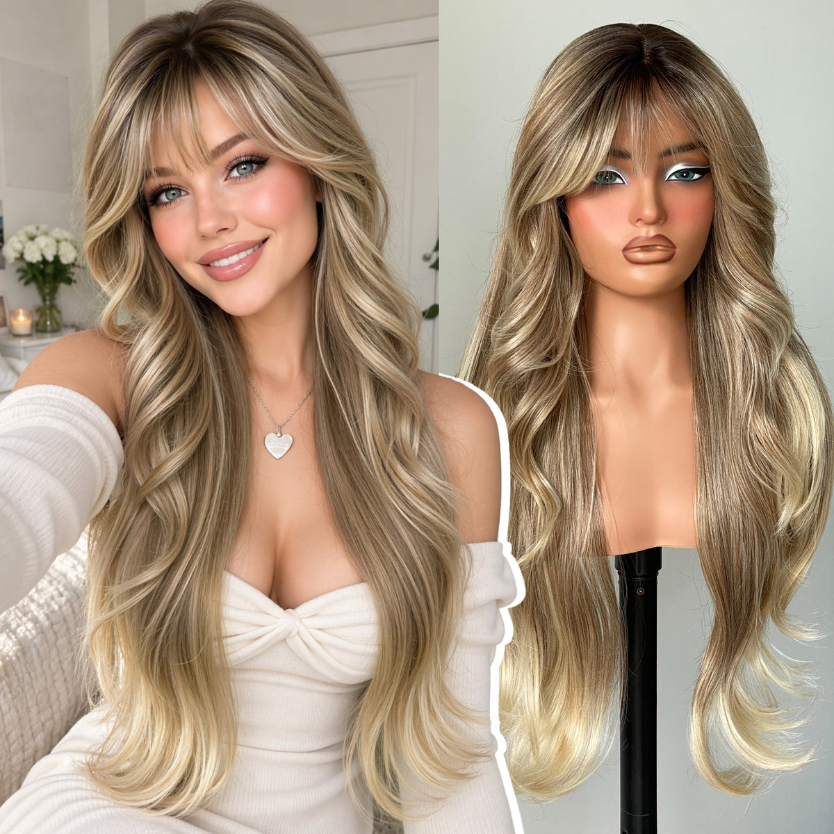 KOME Ombre Blonde Synthetic Lace Front Wig, T Part Glueless Layered Wavy Wigs With Bangs, Heat Resistant Wigs For Women Daily Party Use 26IN