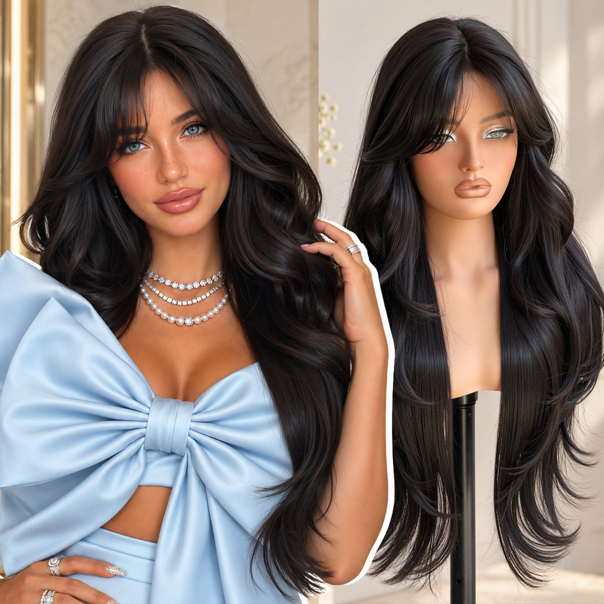 KOME Black Synthetic Lace Front Wig, T Part Glueless Layered Wavy Wigs With Bangs, Heat Resistant Wigs For Women Daily Party Use 26IN