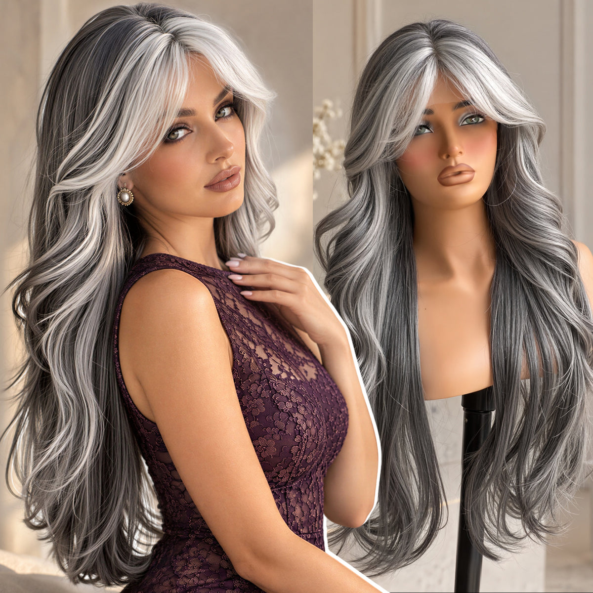 KOME Grey Synthetic Lace Front Wig, T Part Glueless Layered Wavy Wigs With Bangs, Heat Resistant Wigs For Women Daily Party Use 26IN