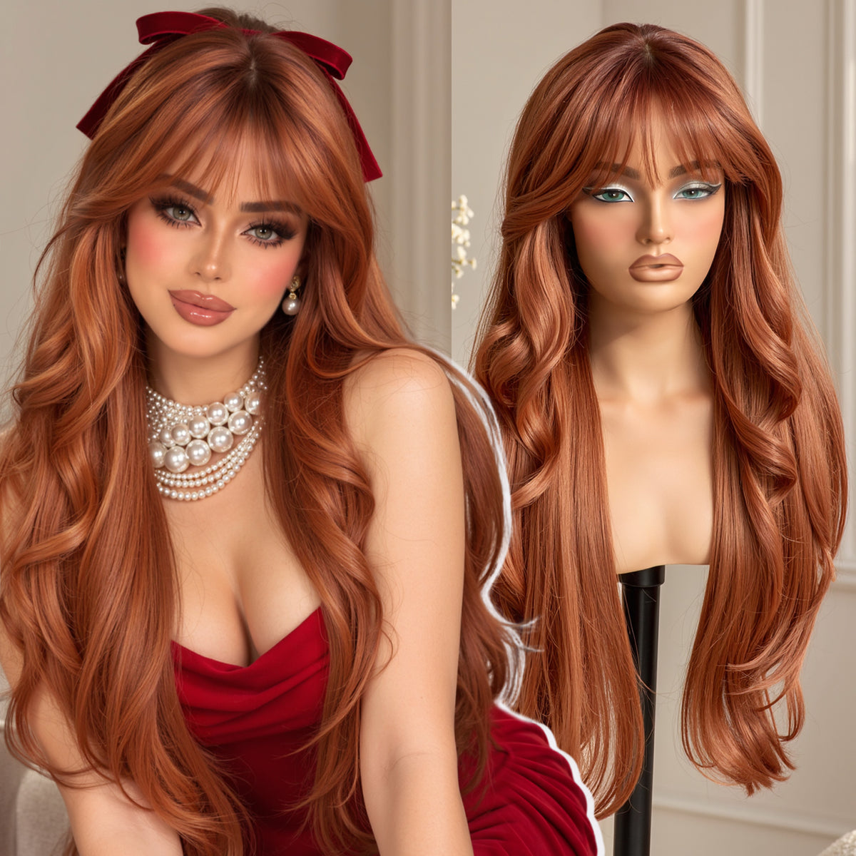 KOME Auburn Synthetic Lace Front Wig,T Part Glueless Layered Wavy Wigs With Bangs, Heat Resistant Wigs For Women Daily Party Use 26IN