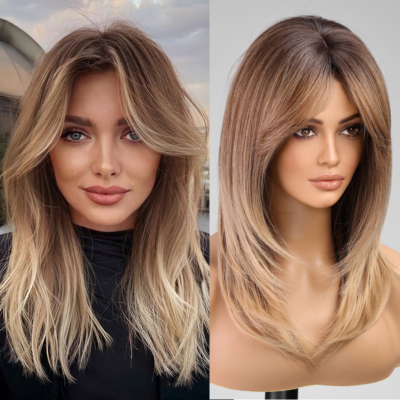 Brown Wigs for Women layered Straight Wig with Curtain Bangs Natural Synthetic Hair 18IN