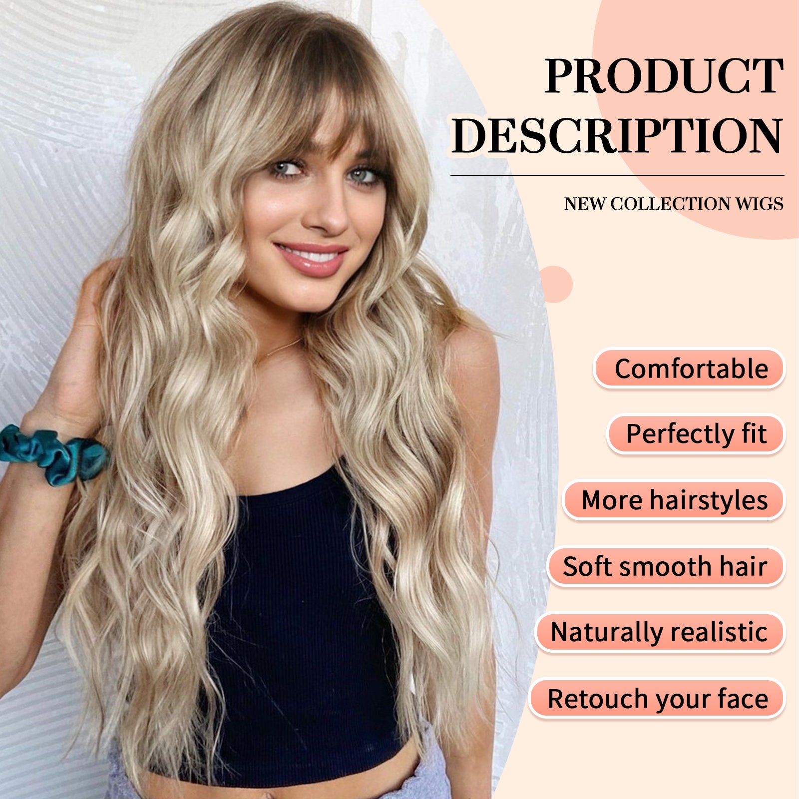 Ombre Dirty Blonde Wigs with Bangs,Ash Blonde Long Wavy Wig for Women,Long Curly Synthetic Hair Wig for Party Daily Use 26IN