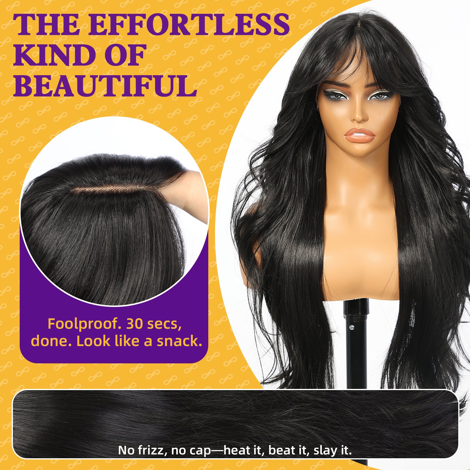 KOME Black Synthetic Lace Front Wig, T Part Glueless Layered Wavy Wigs With Bangs, Heat Resistant Wigs For Women Daily Party Use 26IN