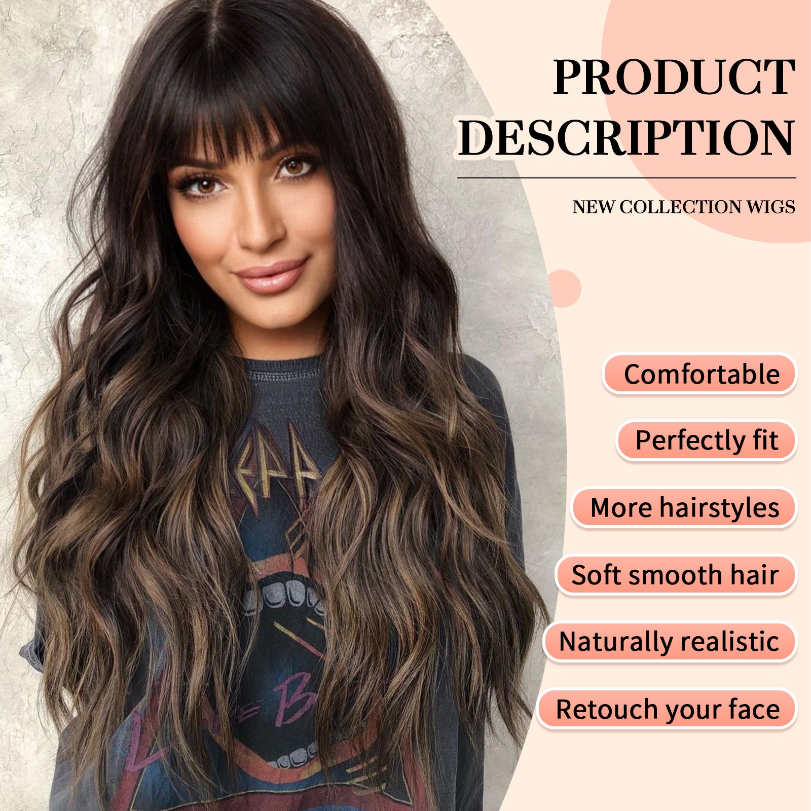 Ombre Brown Wigs with Bangs,Brown Long Wavy Wig for Women,Long Curly Wigs Dark Roots Synthetic Hair Wig for Party Daily Use 26IN