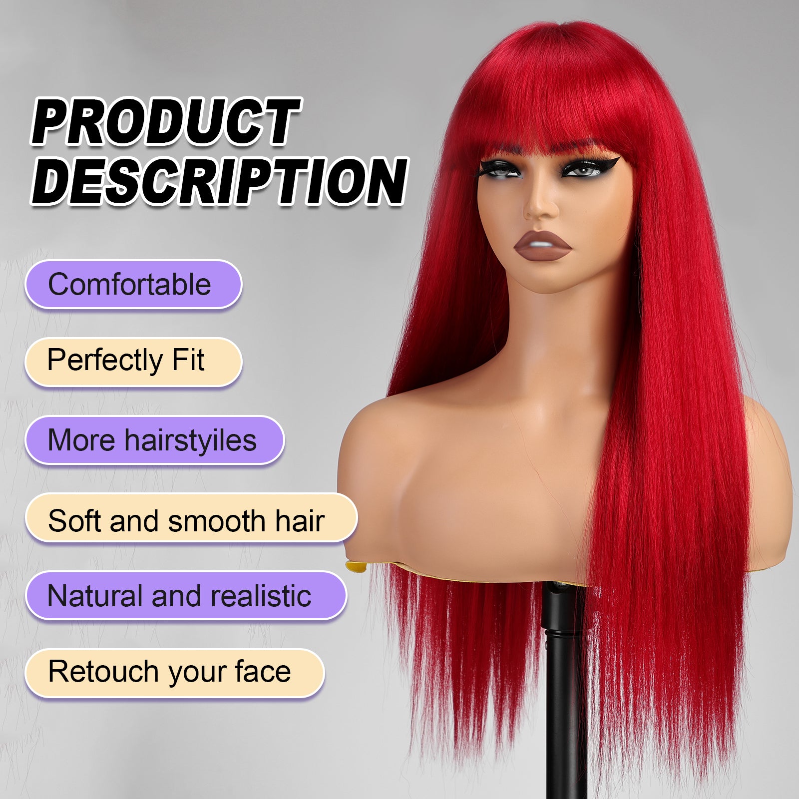 KOME Red Wigs for Women,Yaki Straight Glueless Synthetic Long Silk Natural Wig with Bangs Heat Resistant Fiber 26IN