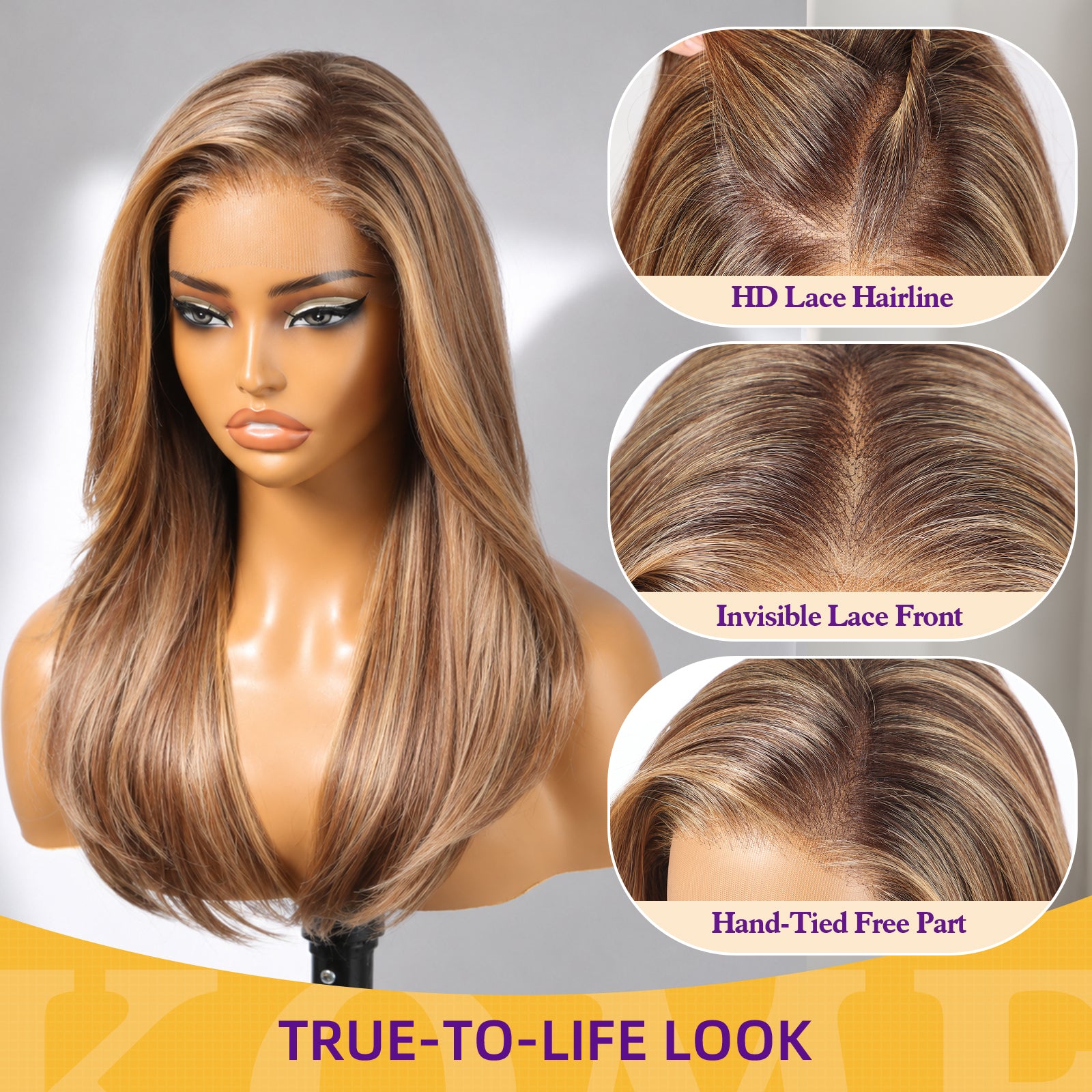 KOME Brown Mixed Synthetic Lace Front Wig, 13X4 HD Lace Glueless Long Layered Straight Wigs for Women Daily Use 20IN （#TT4/243）
