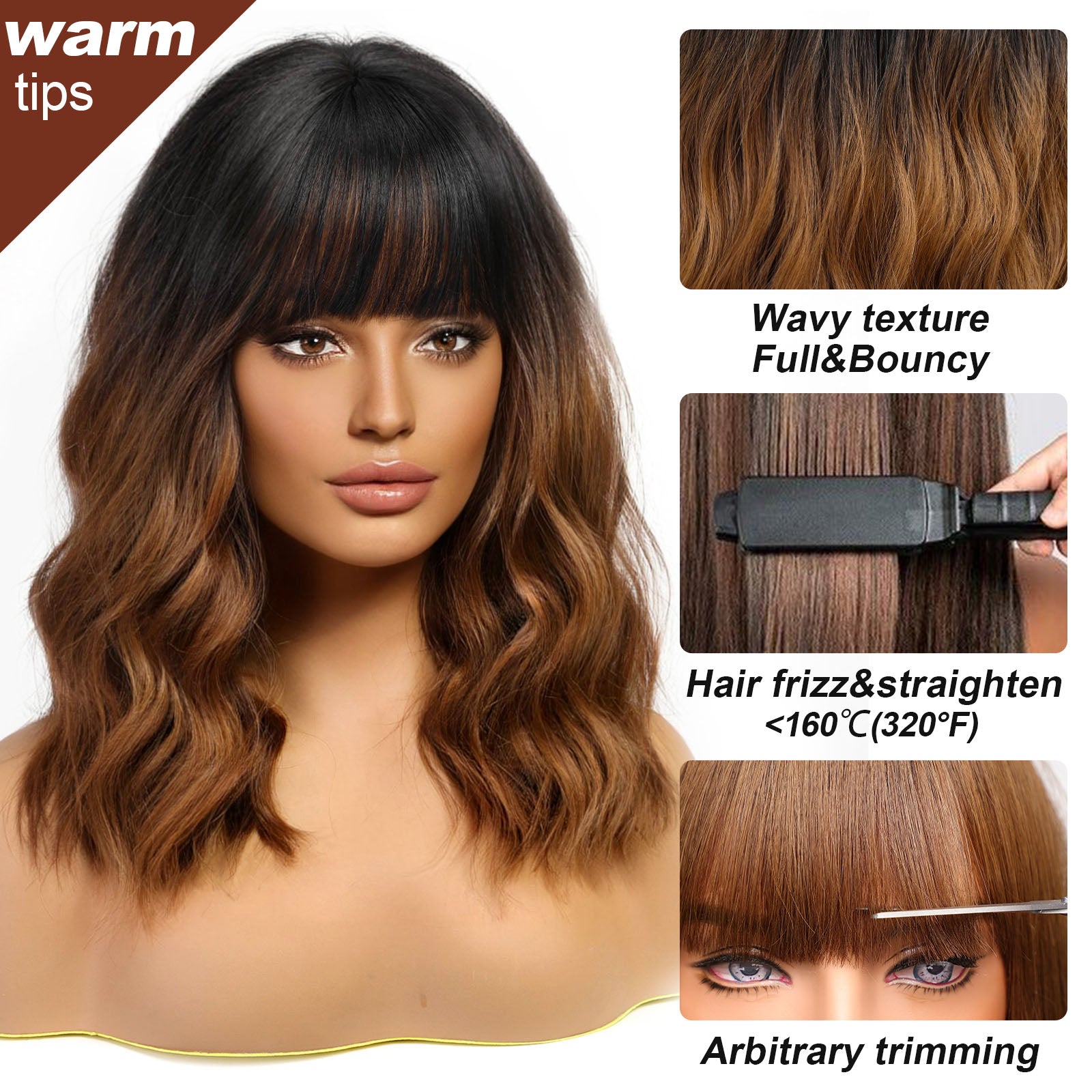 KOME Curly Bob Wig with Bangs Short Wavy Ombre Brown Wigs for Women Bob Style Synthetic Heat Resistant Bob Wigs 14IN