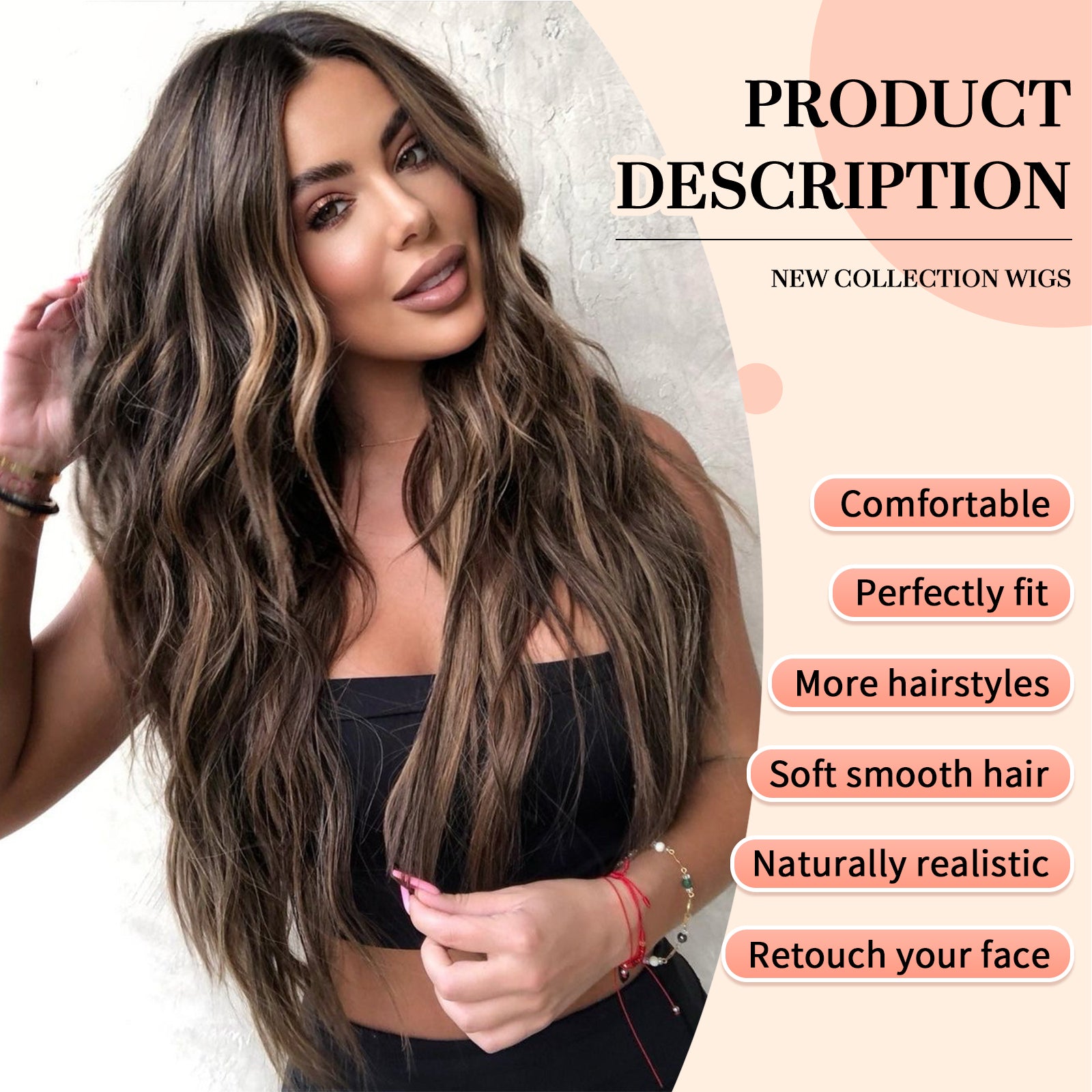 KOME Dark Brown Wig for Women,Brown Highlight Wigs Lace Front Middle Part Curly Wavy Wig,Synthetic Heat Resistant Fiber Wig for Daily Party Use 26IN