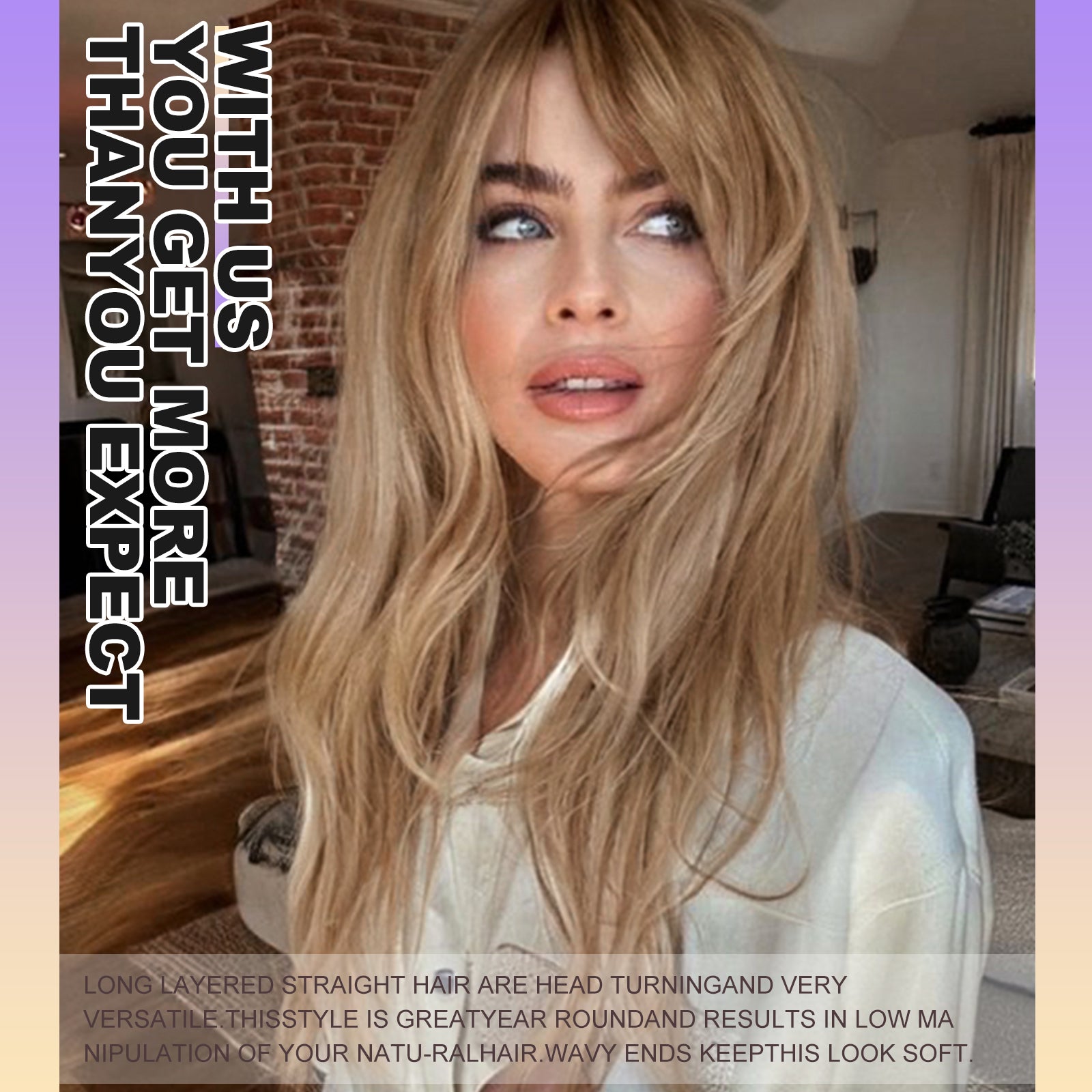 Ash Blonde Long Layered Wig with Bangs,Straight Hair Wigs for Women,Synthetic Heat Resistant Natural Looking Hair Wig for Party Cosplay Dality Use