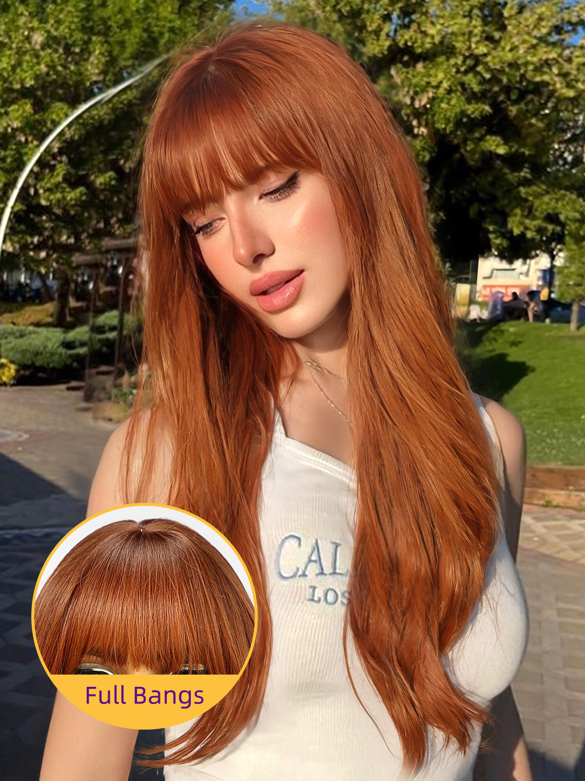 Long Auburn Wigs with Bangs,Ginger Layered Wavy Synthetic Wig for Women Party Daily Use 26IN