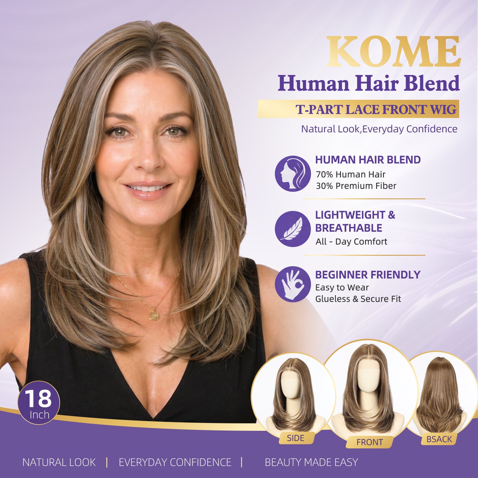 KOME Ash Brown Human Hair Wig Blend,Ash Brown Lace Front Wig, T Part Glueless Wigs for Women Daily Use 18IN（#4161）