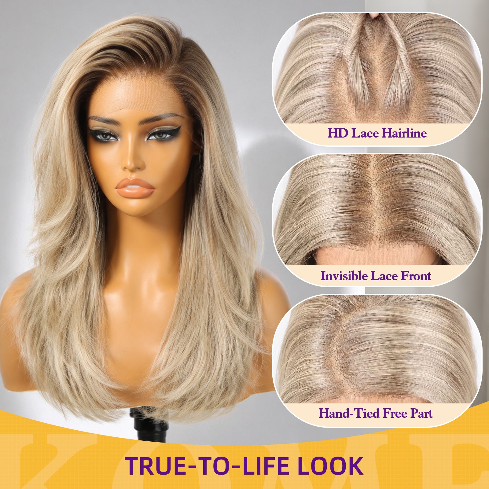 KOME Ash Blonde Synthetic Lace Front Wig, 13X4 HD Lace Glueless Long Layered Straight Wigs for Women Daily Use 20IN （#TT9/603TA ）