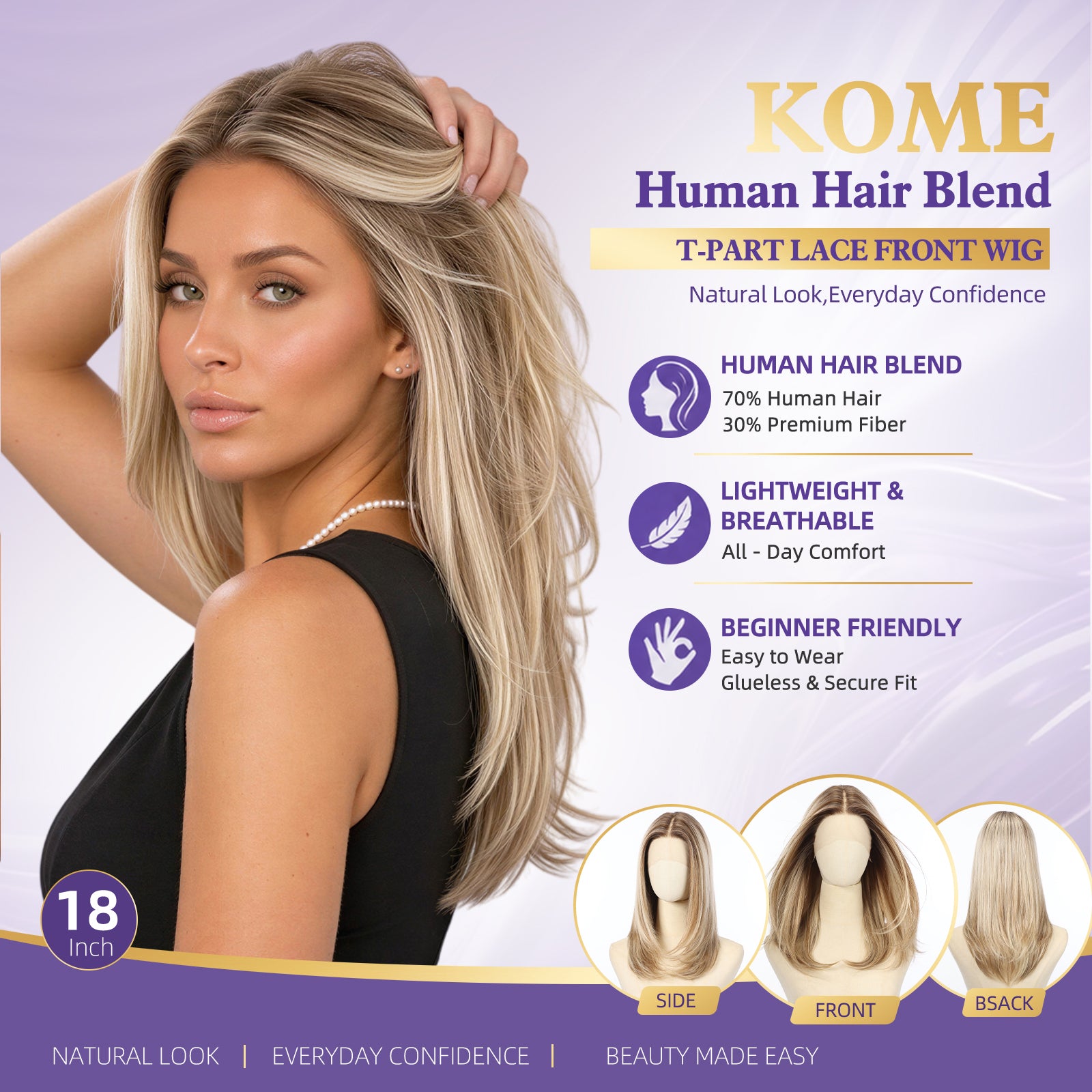 KOME Blonde Highlight Human Hair Wig Blend,Blonde Highlight Lace Front Wig, T Part Glueless Wigs for Women Daily Use 18IN（#TT416825）