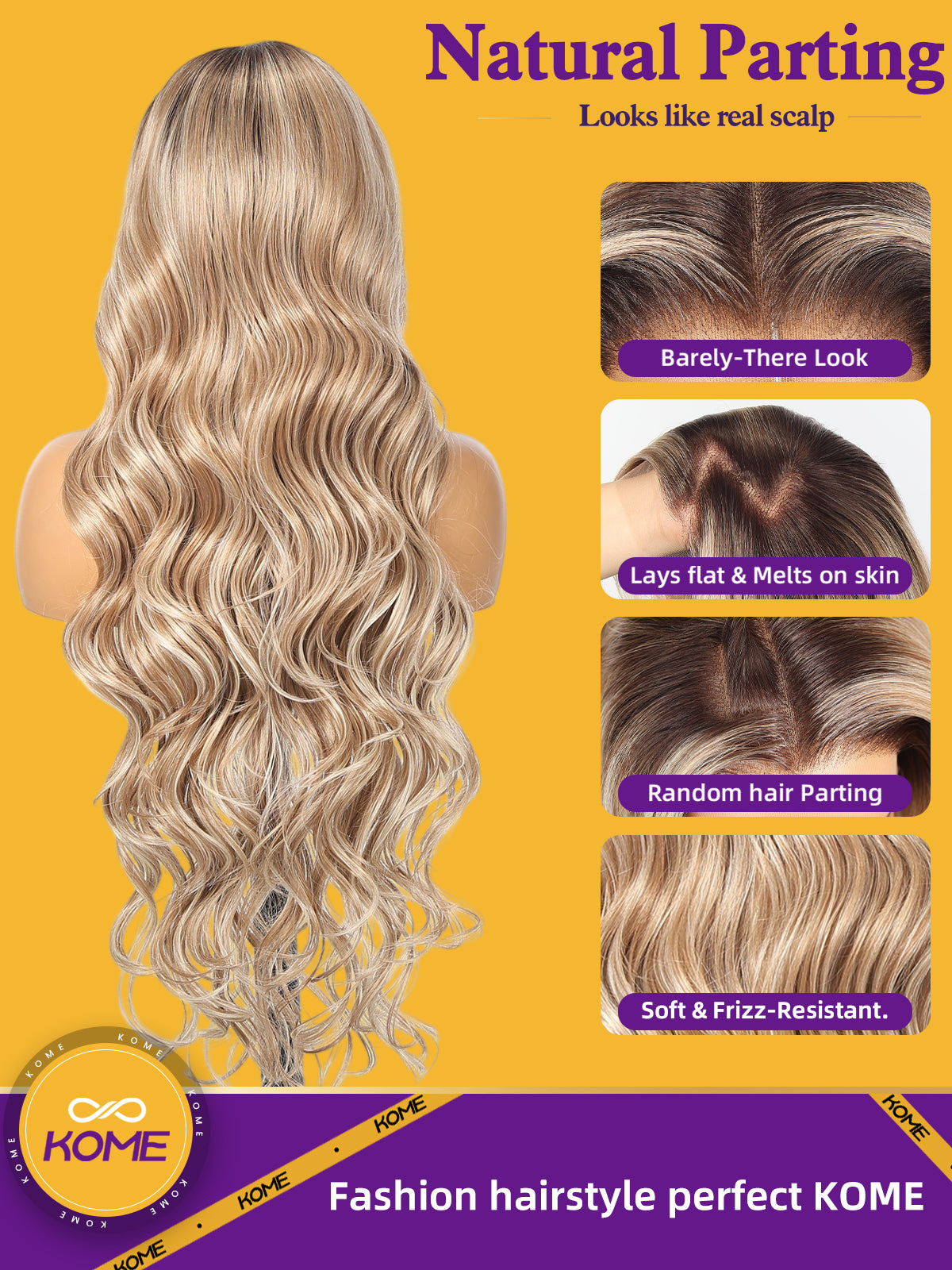 KOME Ombre Blonde Synthetic Lace Front Wig,13x4 HD Lace Glueless Long Body Wavy Curly Wigs for Women Daily Party Use 30IN(#K16B88)