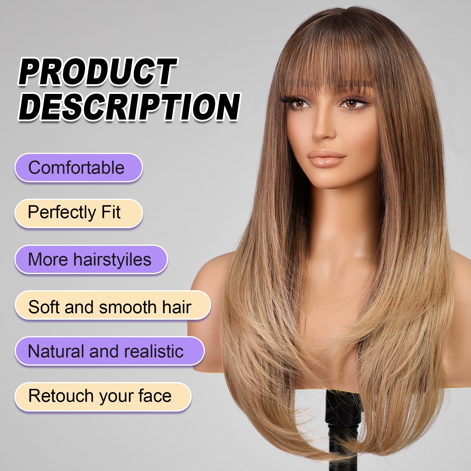 Ash Brown Long Layered Wig with Bangs,Straight Hair Wigs for Women,Synthetic Heat Resistant Natural Looking Hair Wig for Party Cosplay Dality Use