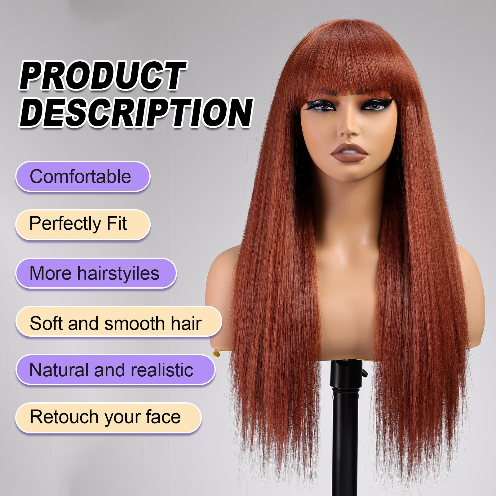 KOME Reddish Brown Wigs for Women,Auburn Yaki Straight Glueless Synthetic Long Silk Natural Wig with Bangs Heat Resistant Fiber 26IN