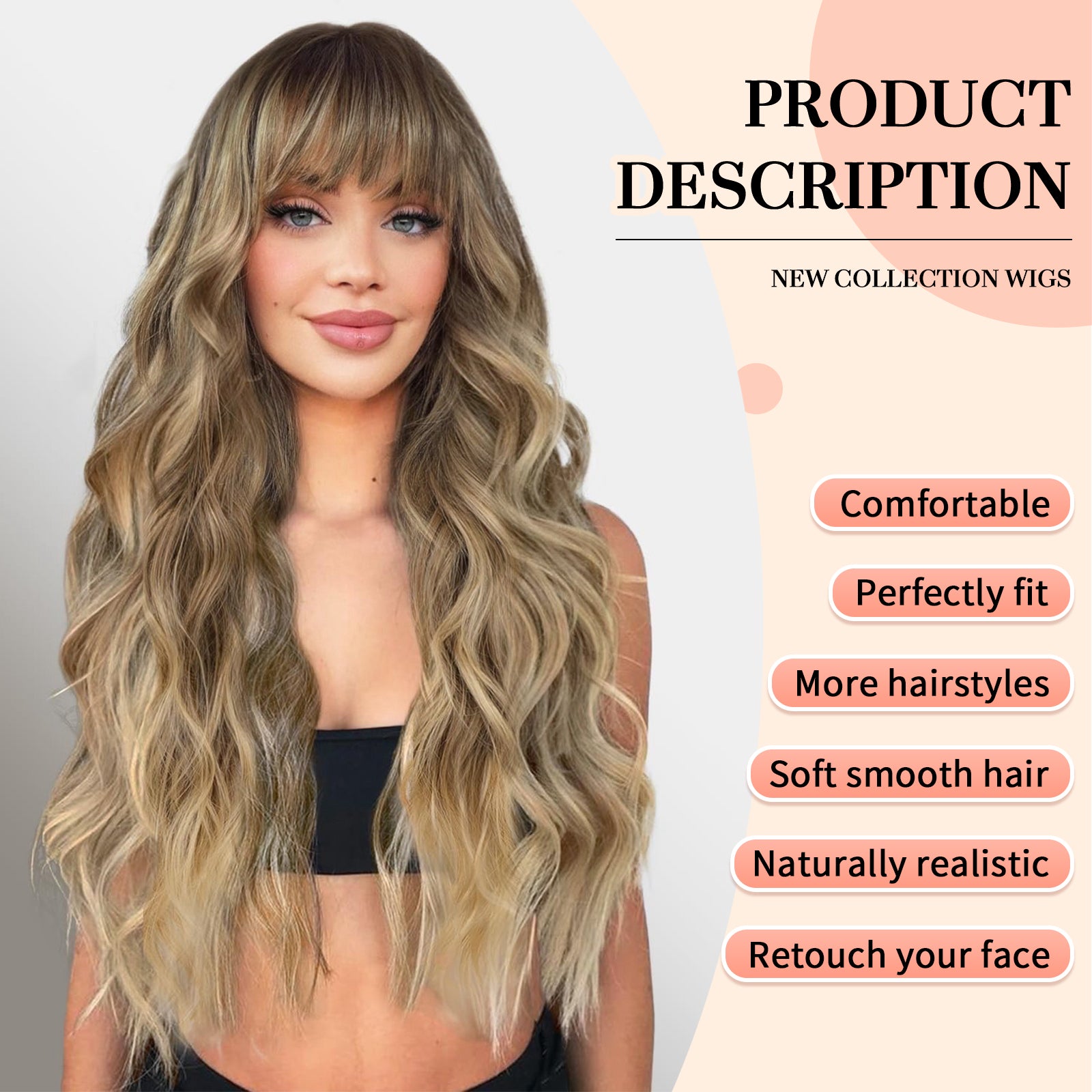 Ombre Blonde Wigs with Bangs,Blonde Highlight Long Wavy Wig for Women,Long Curly Synthetic Hair Wig for Party Cosplay Daily Use 26IN