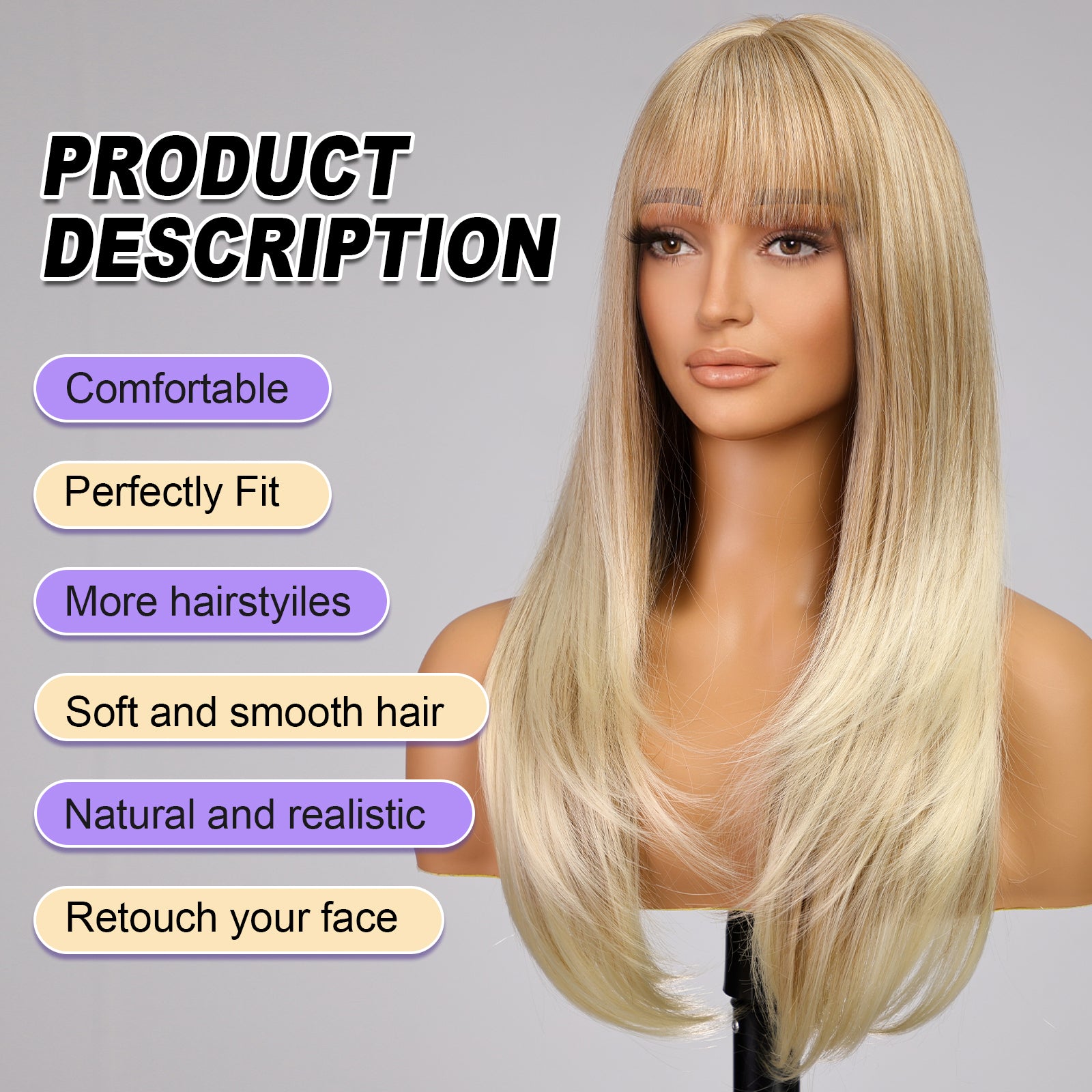 Blonde Highlight Long Layered Wig with Bangs,Straight Hair Wigs for Women,Synthetic Heat Resistant Natural Looking Hair Wig for Party Cosplay Dality Use