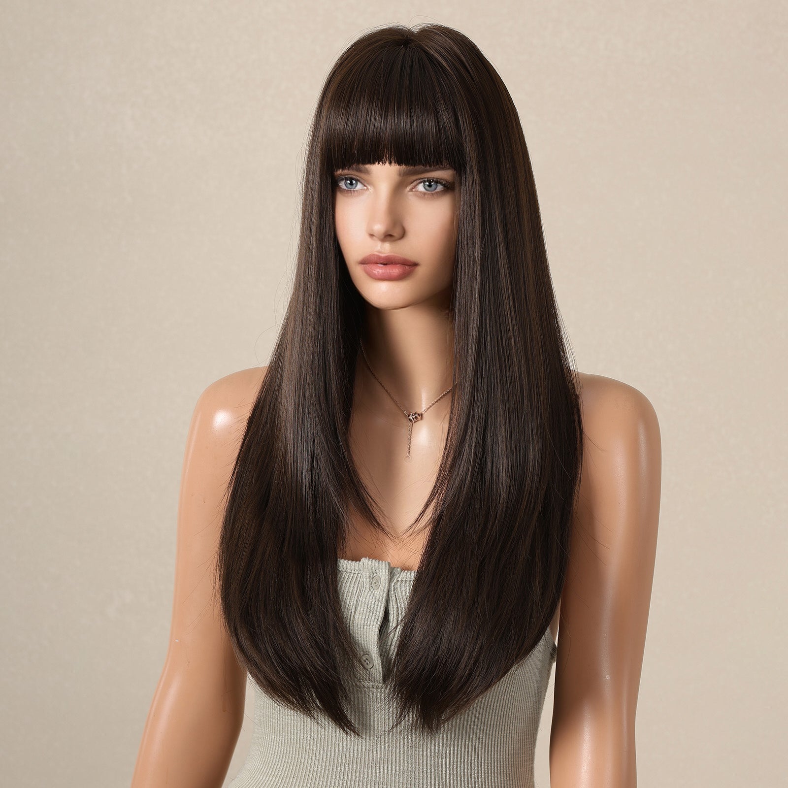 KOME Dark Brown Long Layered Wig with Bangs,Straight Hair Wigs for Women,Synthetic Heat Resistant Natural Looking Hair Wig for Party Cosplay Dality Use