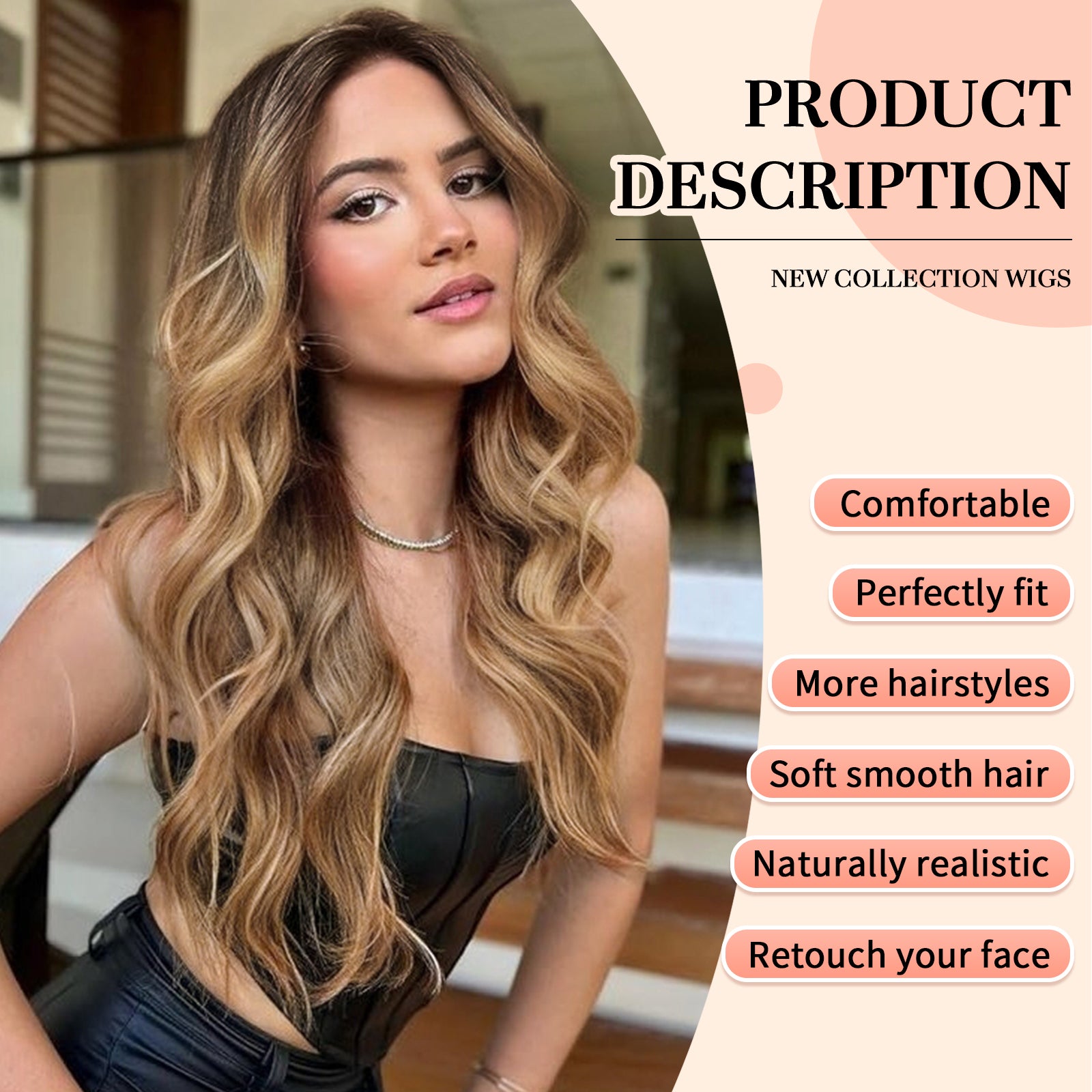 KOME Long Ombre Blonde Highlight Wavy Wig for Women, Blonde mixed Brown Wigs Lace Front Middle Part Curly Wavy Wig,Synthetic Heat Resistant Fiber Wig for Daily Party Use 26IN