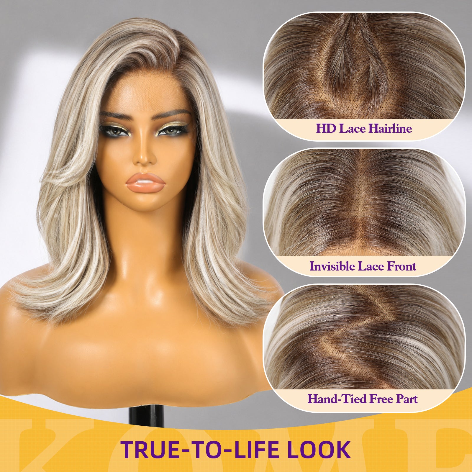 KOME Ash Blonde Highlight Bob 13×6 Synthetic Lace Front Wig for Women 14IN