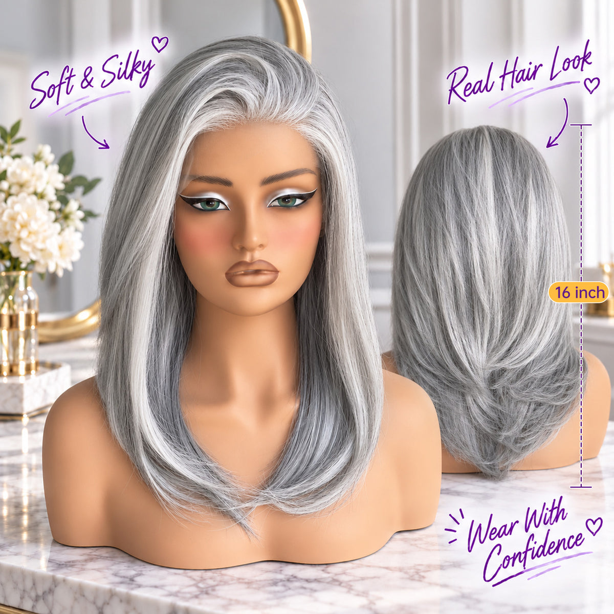 KOME Grey Layered Straight 13x6 Synthetic Lace Front Wig for Women 16IN