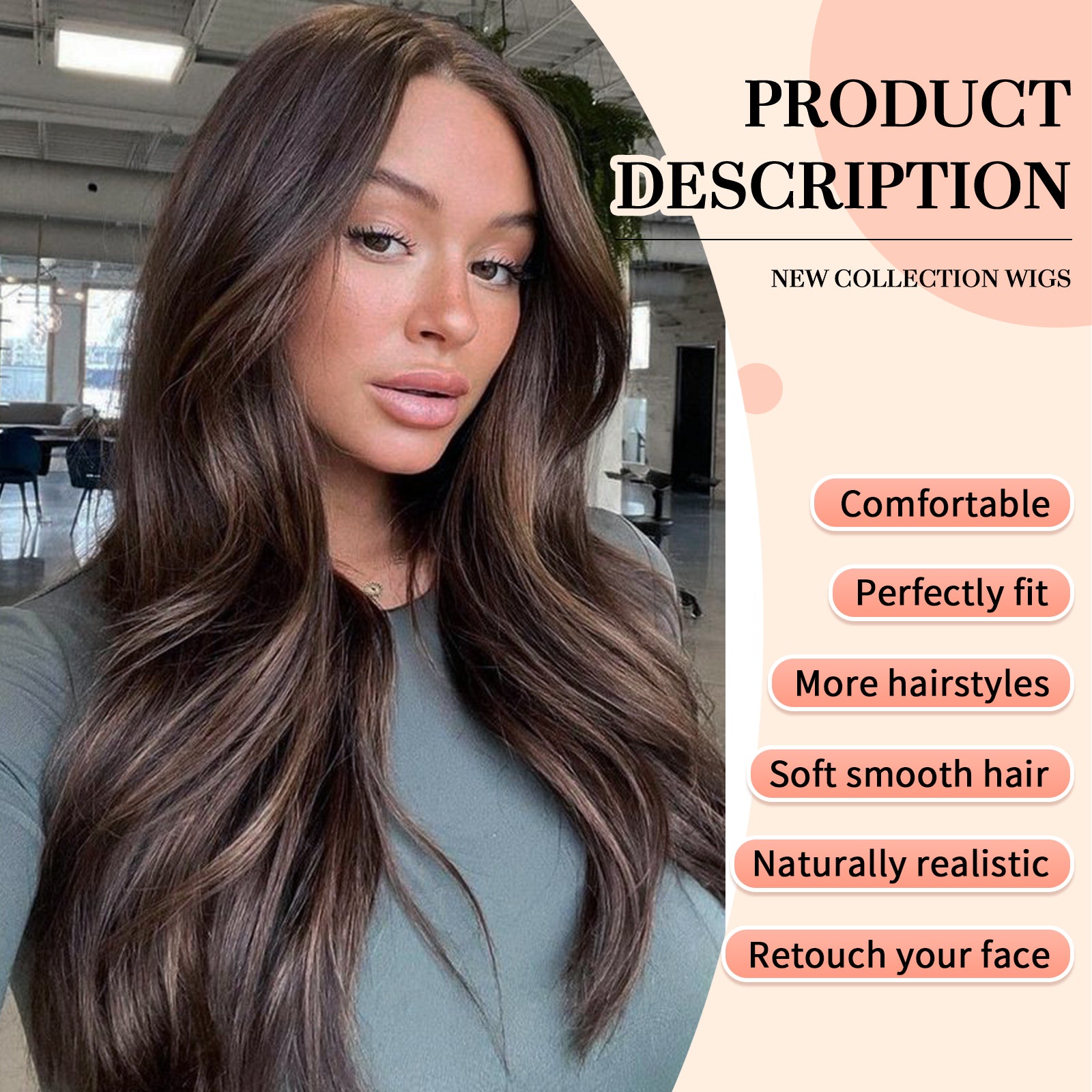 Ombre Brown Long Layered Wig with Bangs,Straight Hair Wigs for Women,Synthetic Heat Resistant Natural Looking Hair Wig for Party Cosplay Dality Use